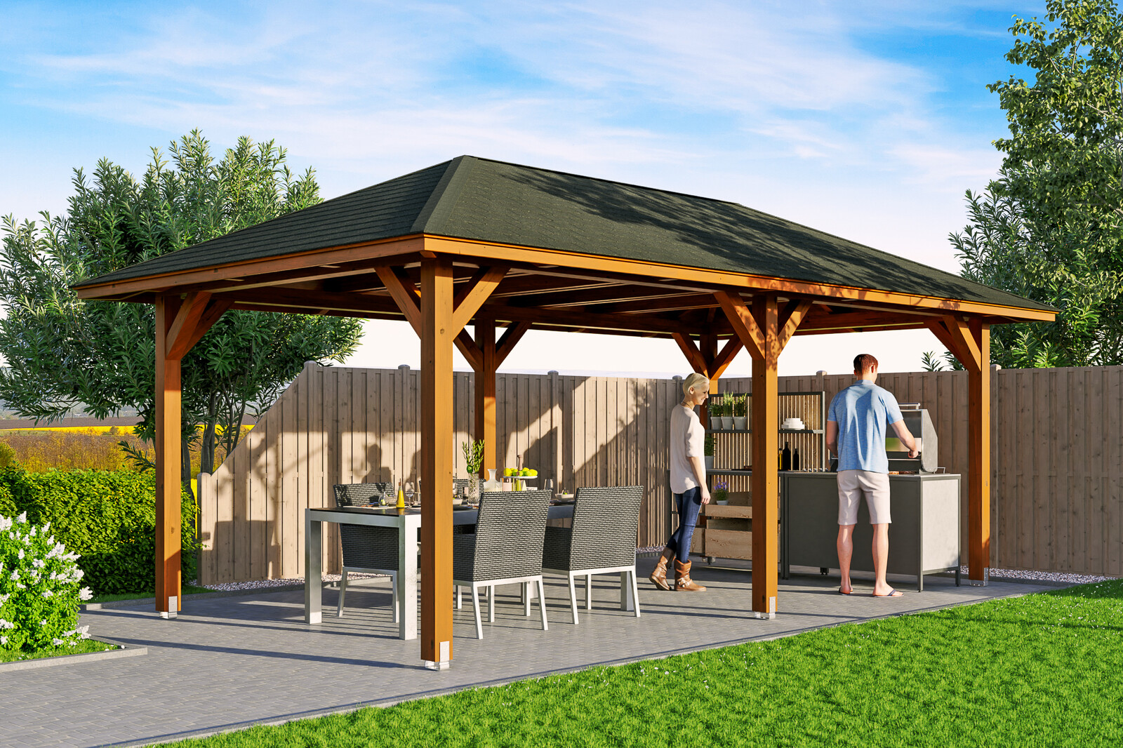 4hranný altán ORLEANS 1, 374 x 656 cm, barevně ošetřeno v barvě ořechu