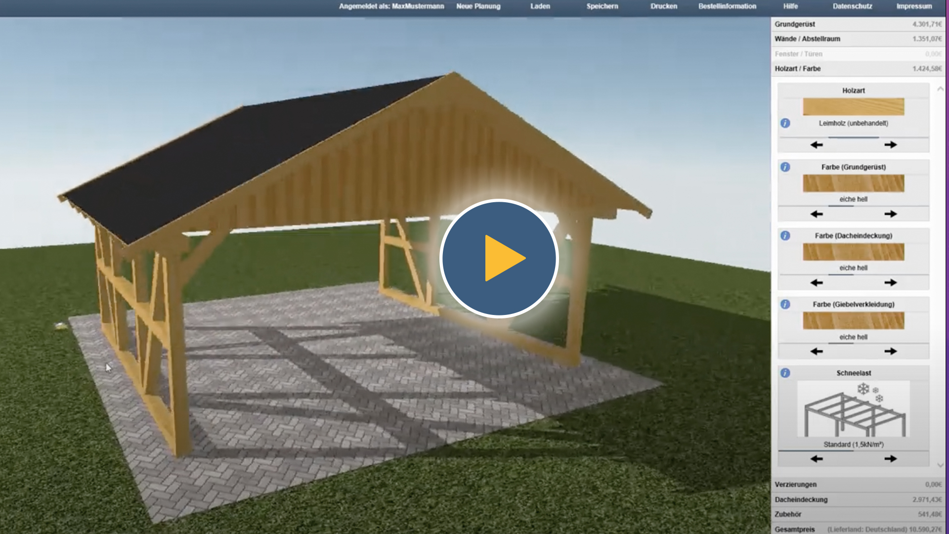 Startzeichen für ein Video über einen Carport-Konfigurator