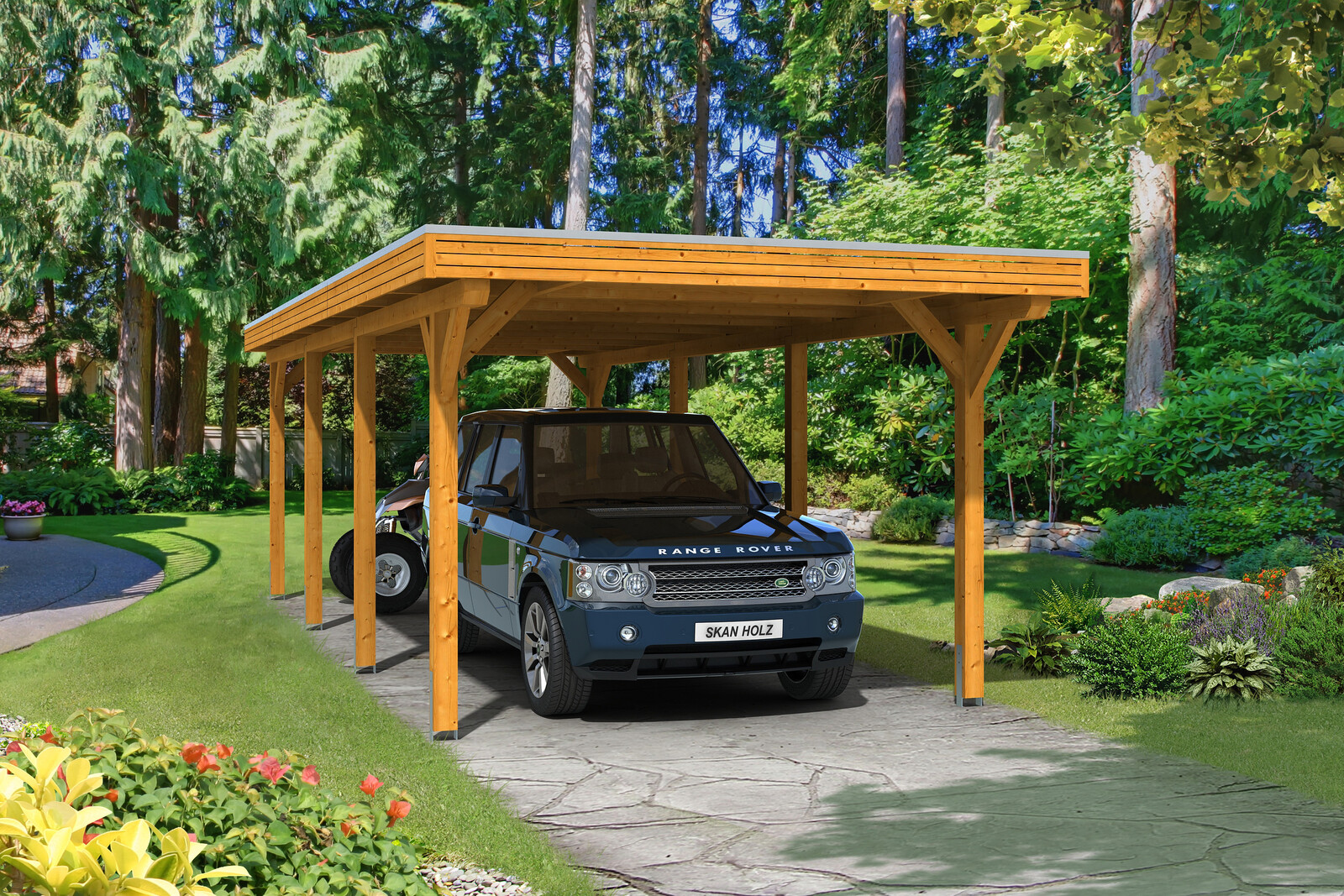 Carport SPESSART 355x846cm, bois lamellé-collé, traitement coloré chêne clair