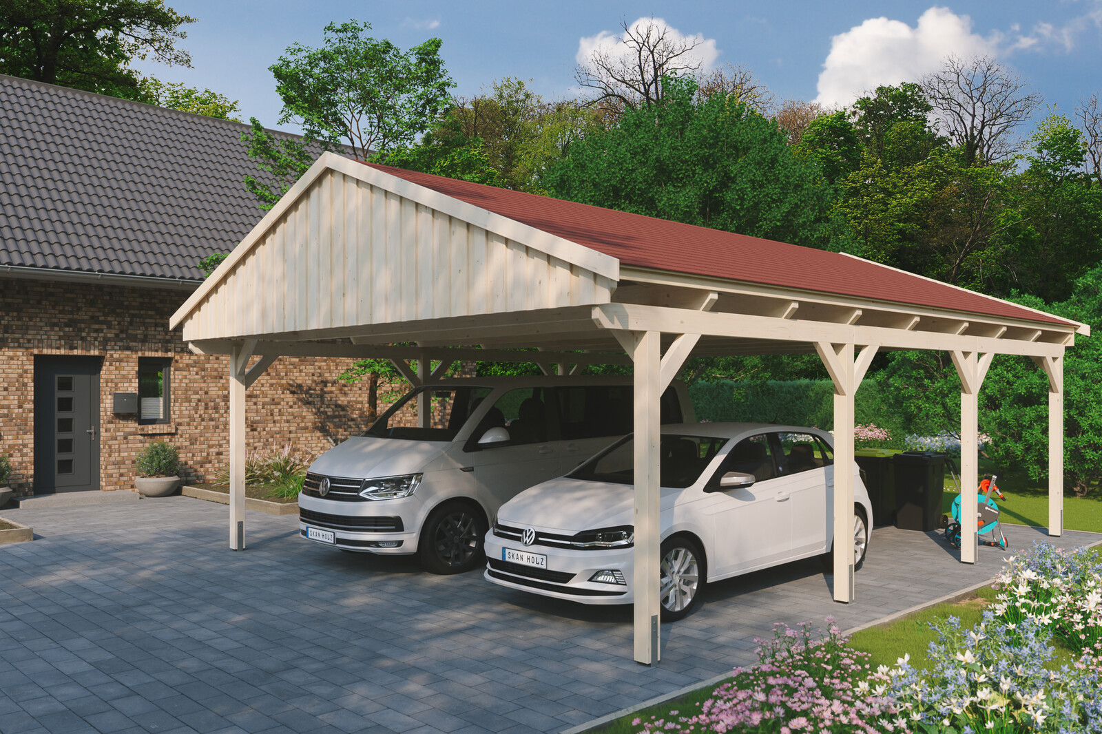 Carport Fichtelberg 618 x 808 cm, rote Schindeln, natur
