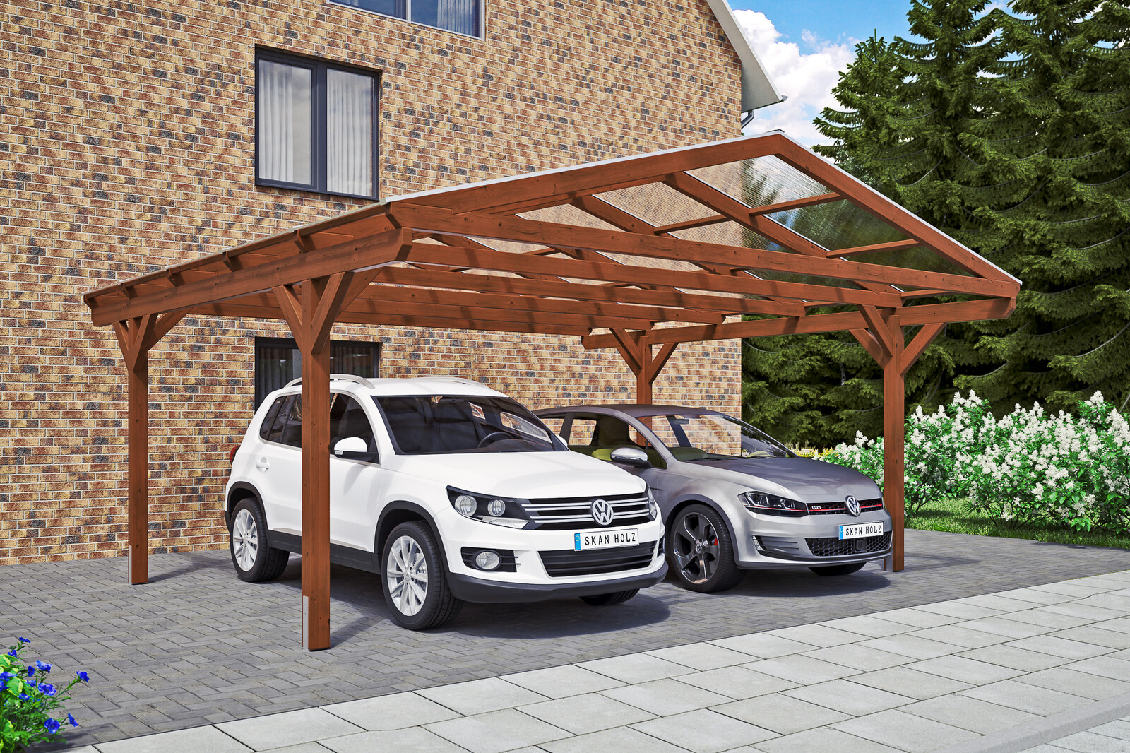 Carport Westerwald 570 x 541 cm, gelakt in noten, met polycarbonaatplaten