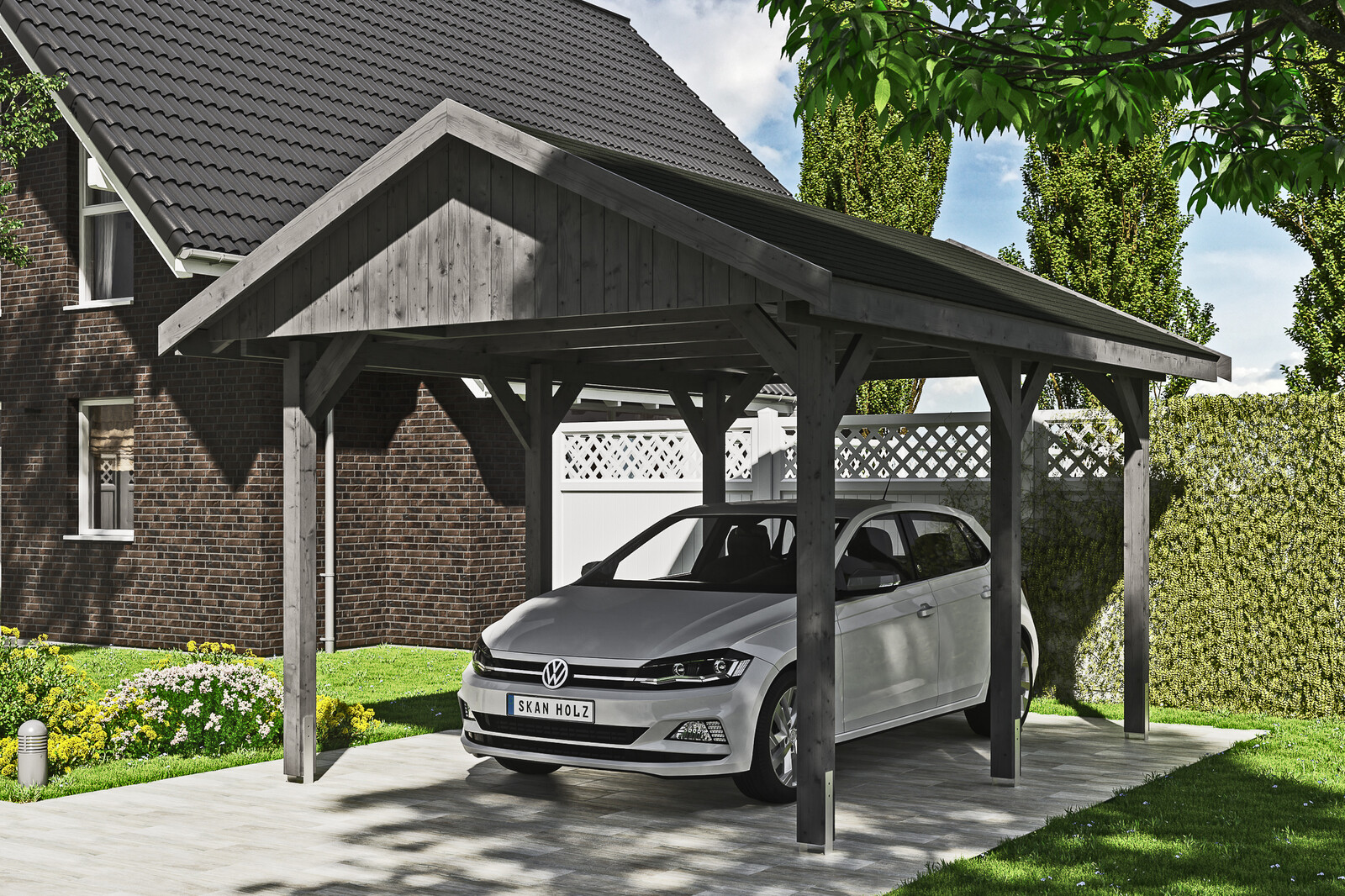 Carport Wallgau 380 x 500 cm, colour pre-treated in slate-grey, black shingles