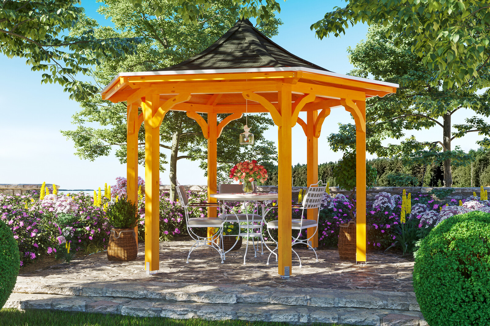 6hranný altán VERSAILLES, Ø 418 cm, barevně ošetřené v barvě světlý dub