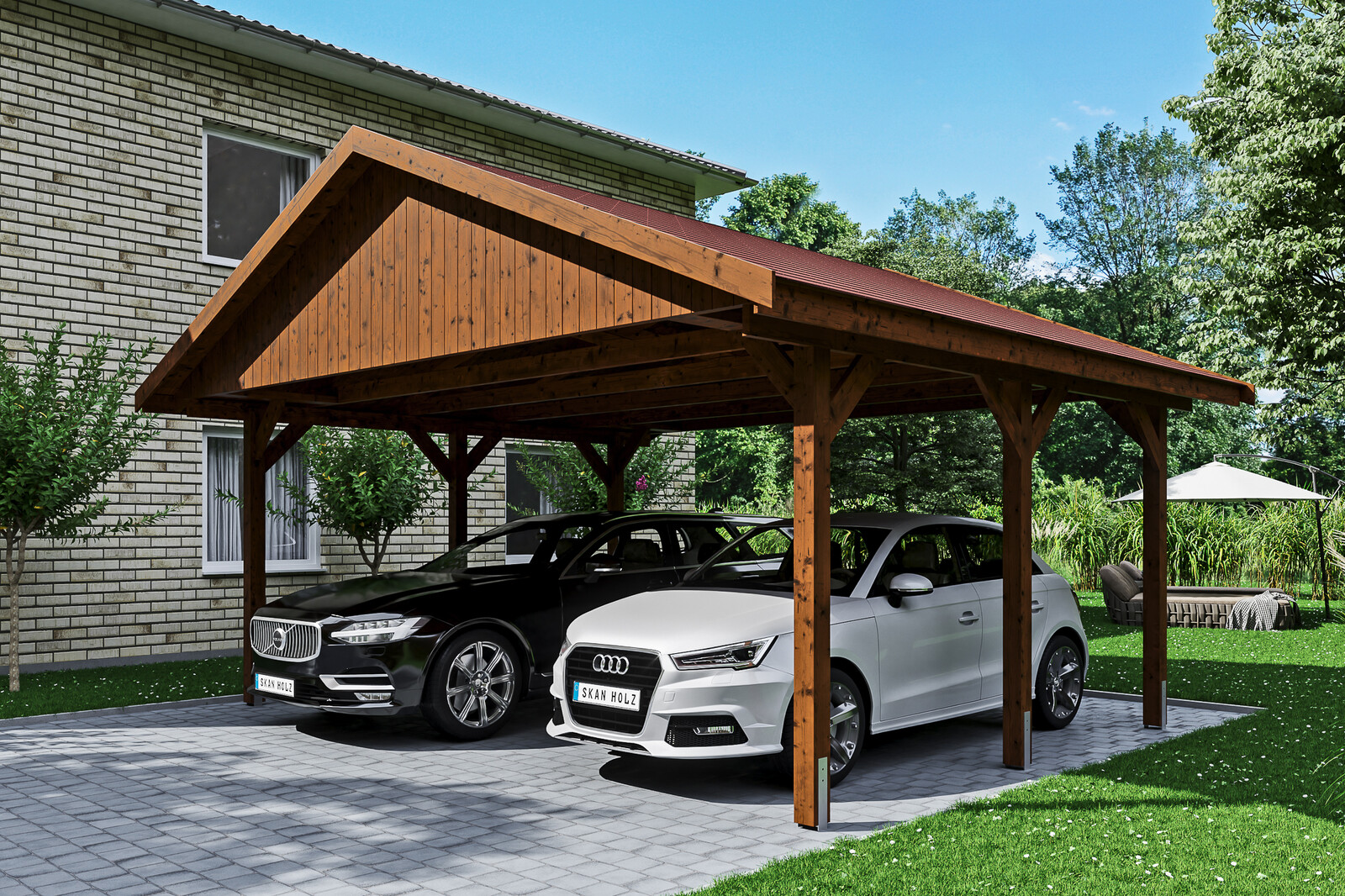Carport Wallgau 620 x 500 cm, nussbaum, rote Schindeln