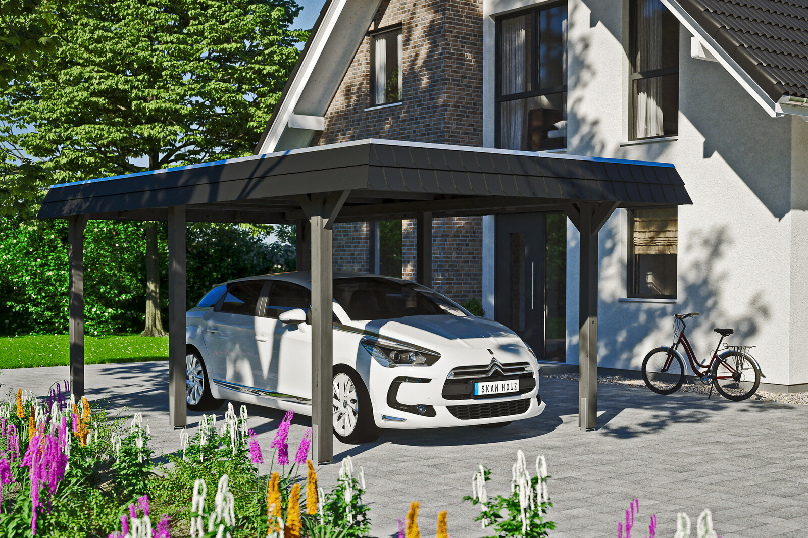 Carport Wendland, zwarte plaat met leisteenuiterlijk 362 x 628 cm, gelakt in leigrijs, met dakbetimmering en EPDM-folie