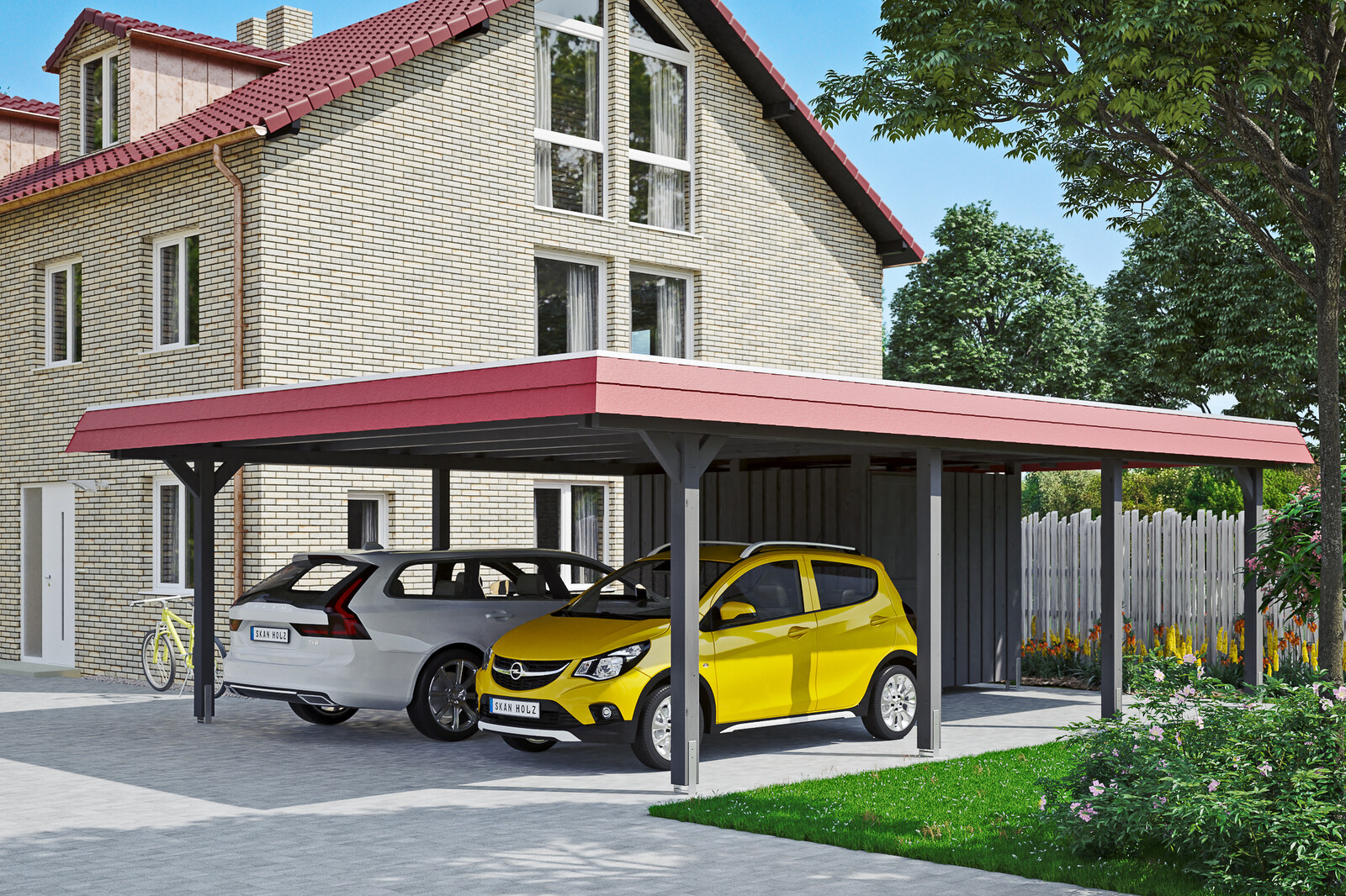 Carport Wendland, rode plaat met leisteenuiterlijk 630 x 879 cm, met bergruimte, gelakt in leigrijs, met dakbetimmering en EPDM-folie
