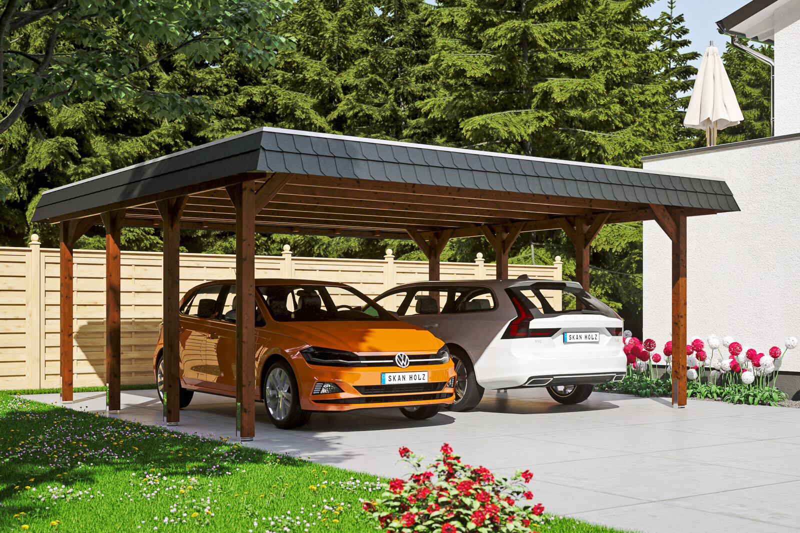 Carport Spreewald 585 x 589 cm mit EPDM-Dach, schwarze Blende, nussbaum