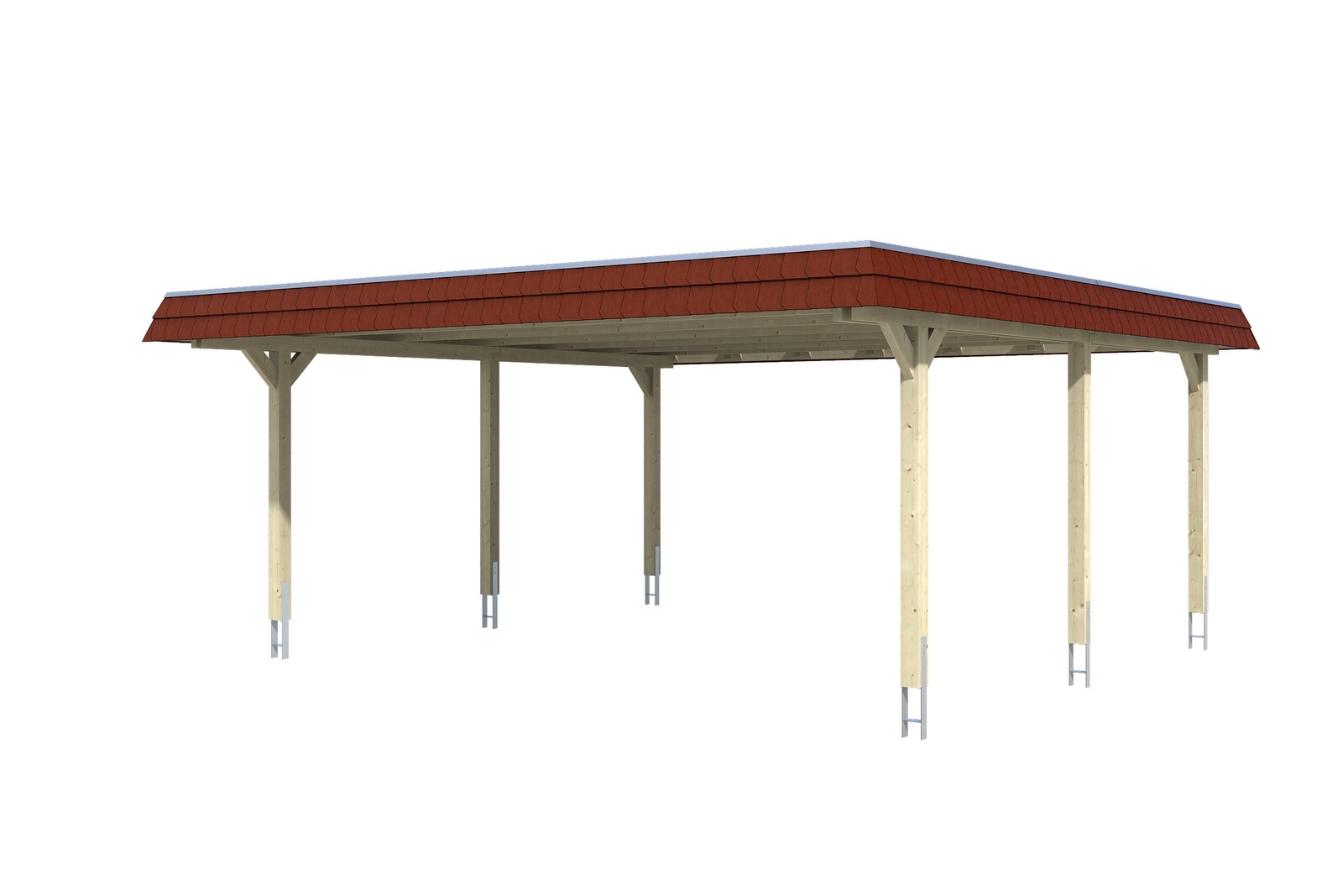 Carport Wendland 630 x 637 cm mit Aluminiumdach, rote Blende