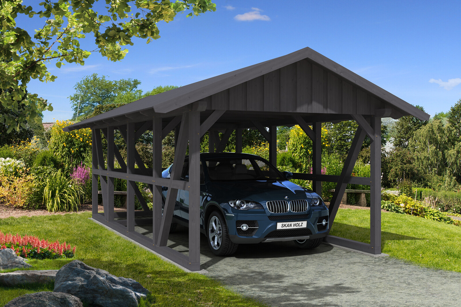 Carport Schwarzwald 424 x 772 cm, met bergruimte, met dakbetimmering, gelakt in leigrijs