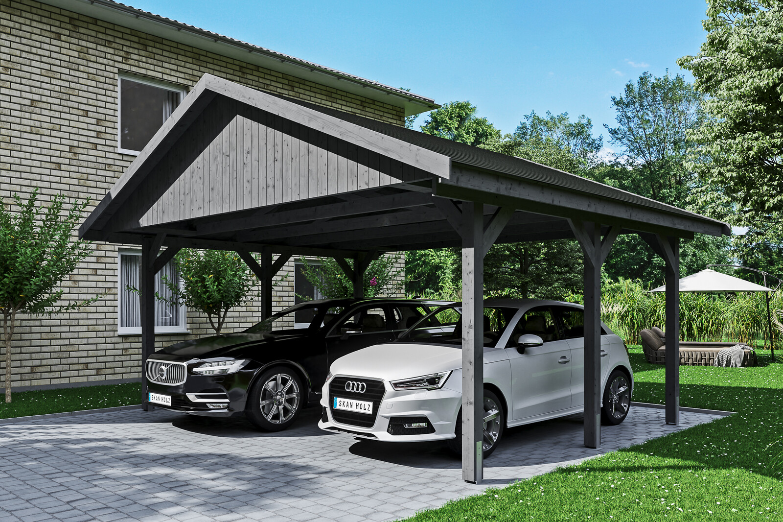 Carport Wallgau 620 x 500 cm, schiefergrau, schwarze Schindeln
