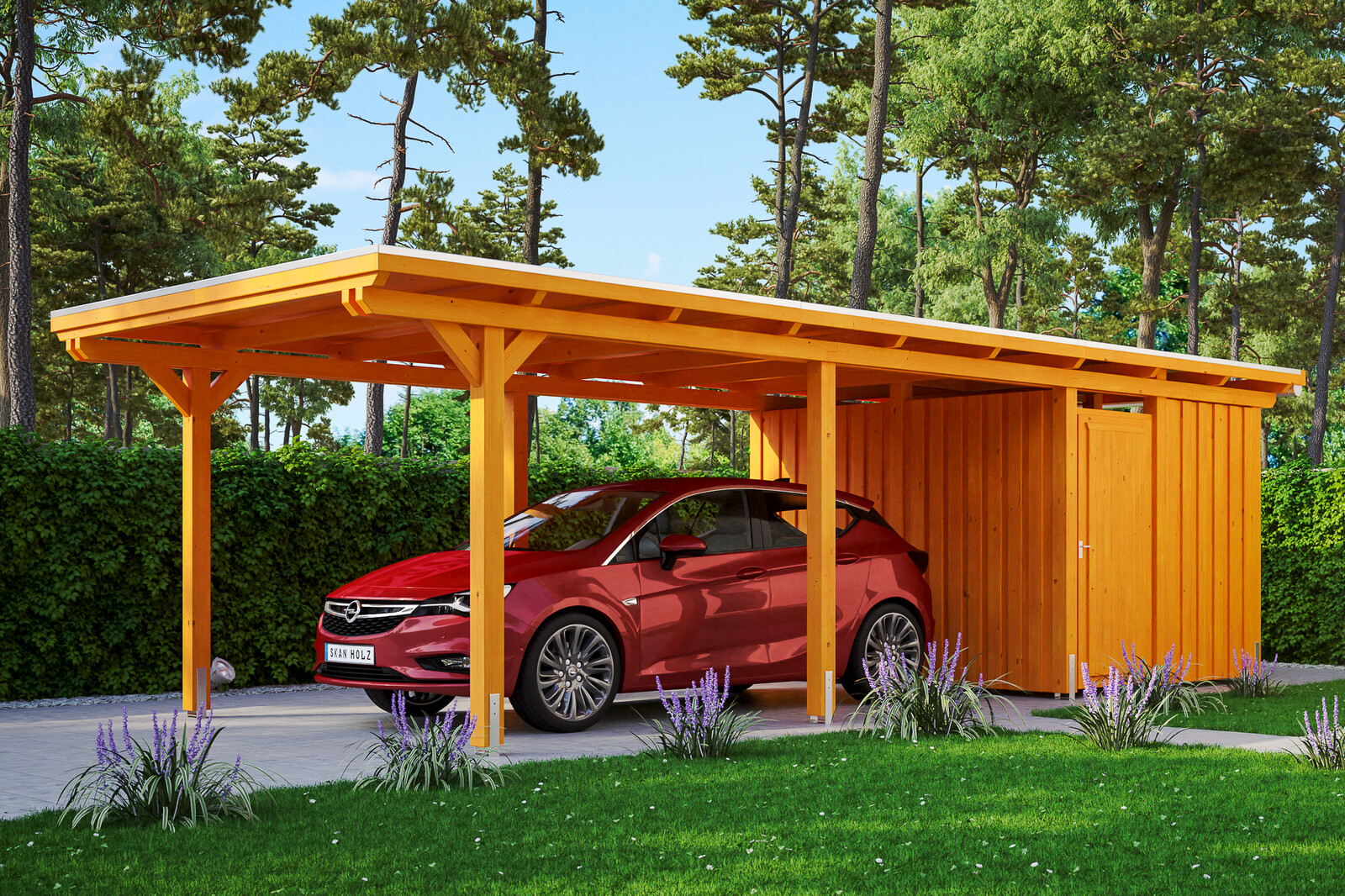 Carport Emsland 354 x 846 cm mit EPDM-Dach, mit Abstellraum, eiche hell