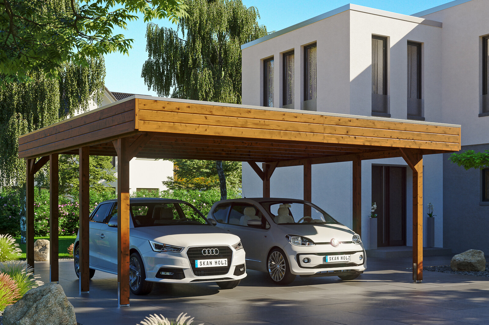 Carport Friesland 557 x 555 cm mit EPDM-Dach, nussbaum