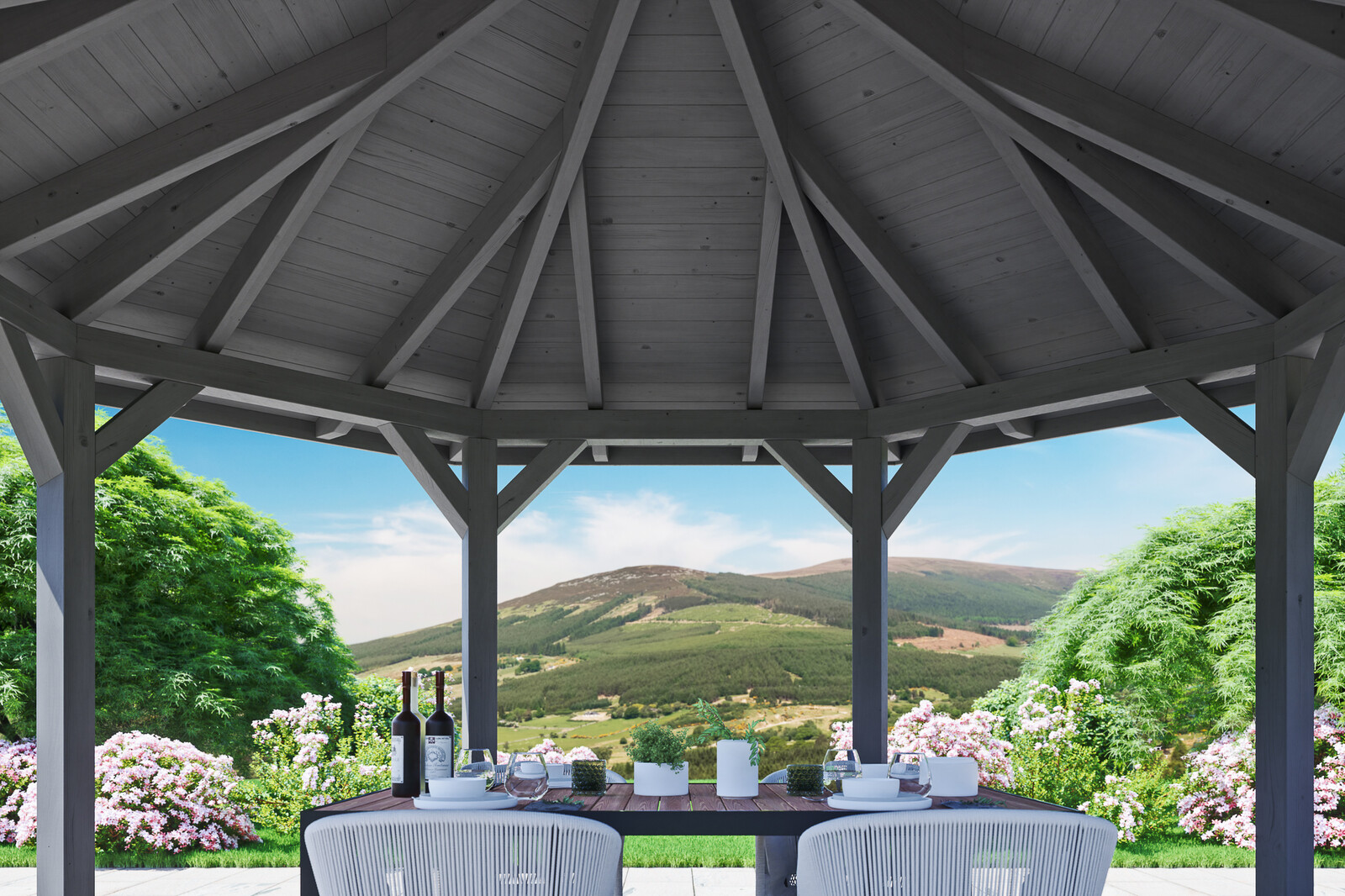 6hranný altán NANCY 2, Ø 420 cm, barevně ošetřeno v břidlicově šedé