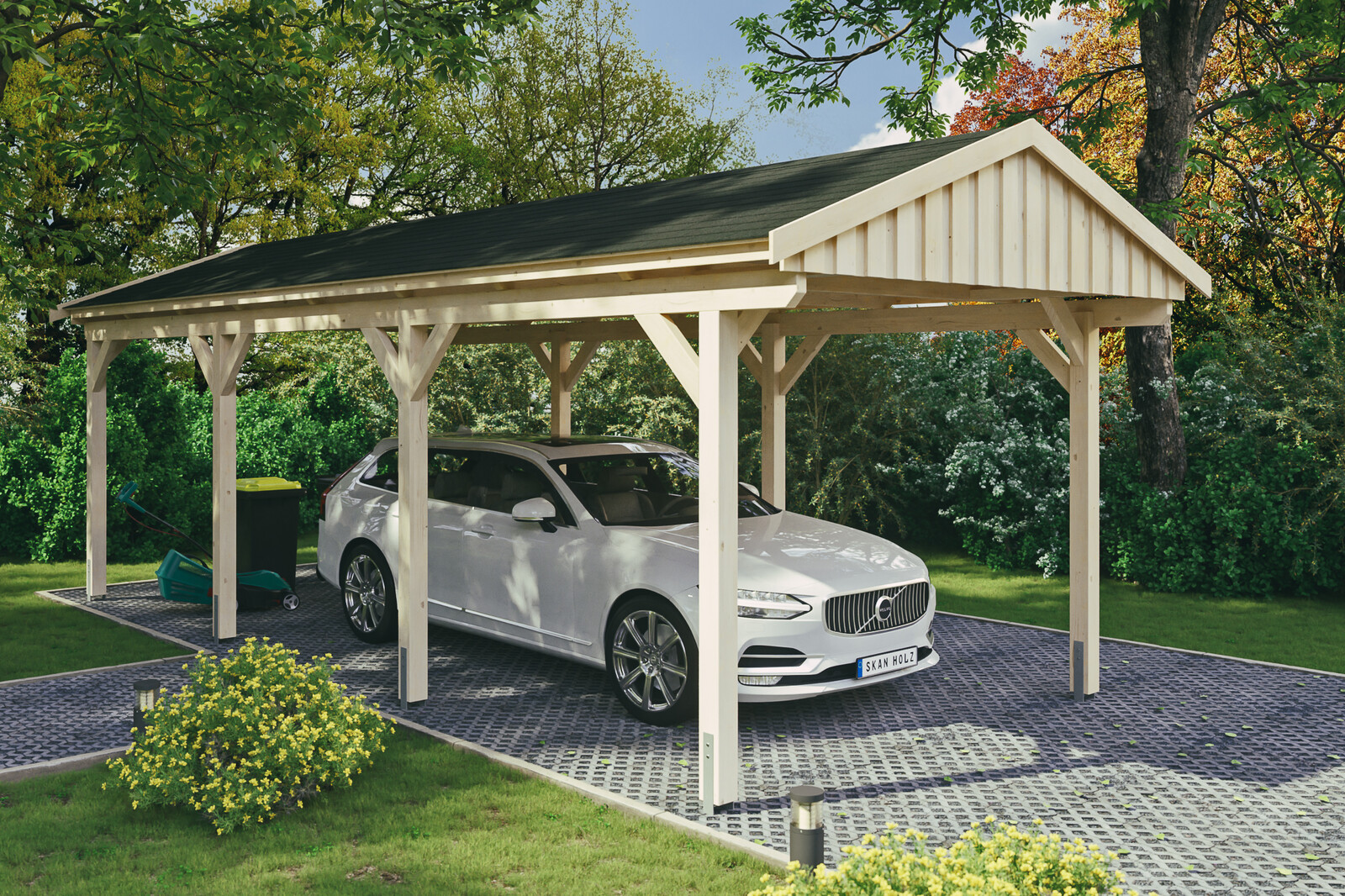 Carport Fichtelberg 317 x 808 cm, schwarze Schindeln, natur