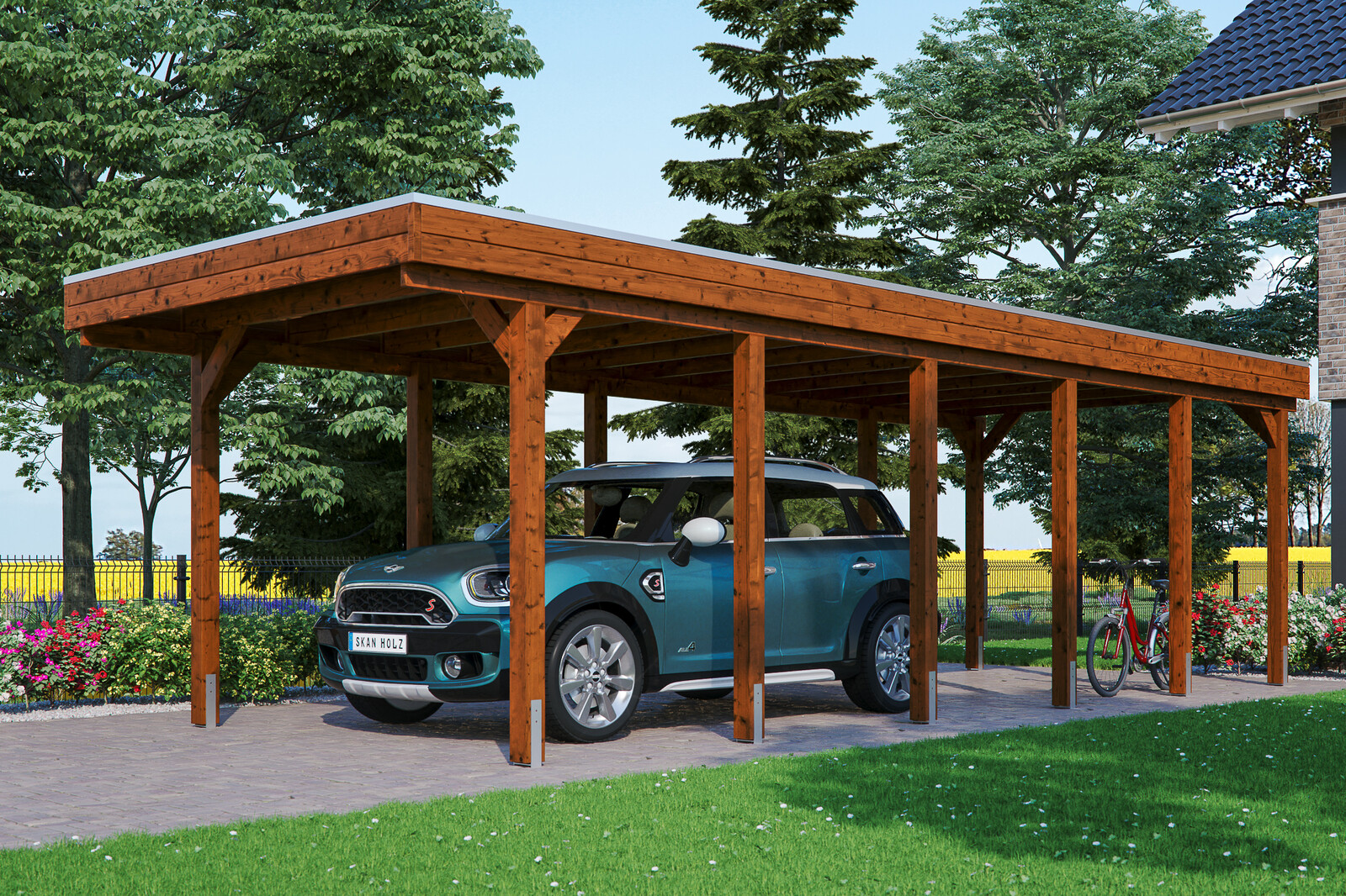 Carport Friesland 314 x 860 cm mit EPDM-Dach, nussbaum