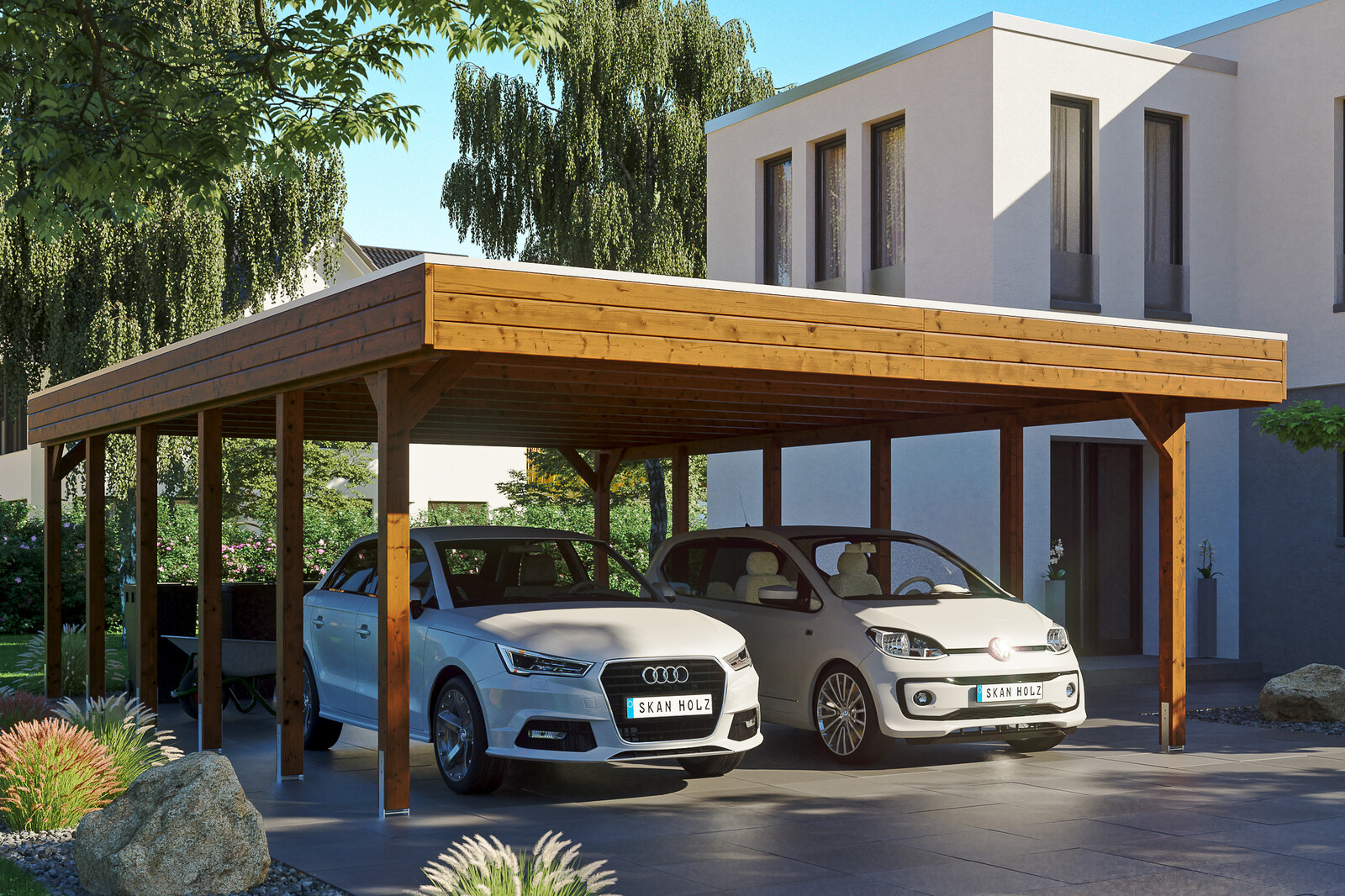 Carport Friesland 557 x 860 cm mit EPDM-Dach, nussbaum