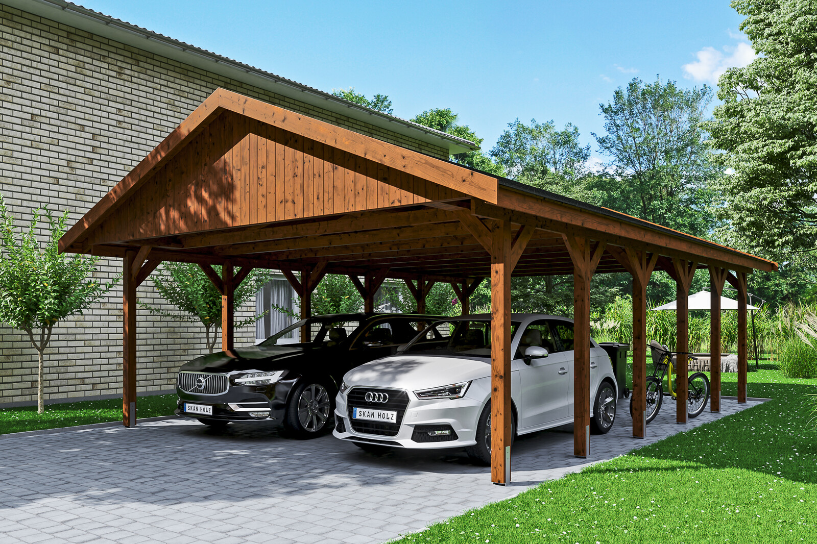 Carport Wallgau 620 x 900 cm, nussbaum, schwarze Schindeln