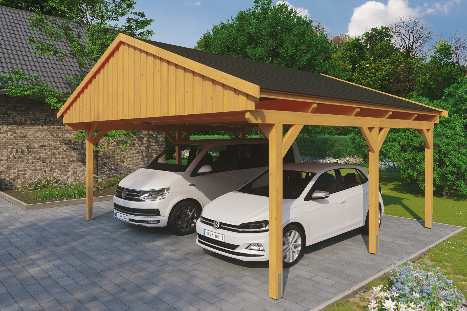 Carport Fichtelberg 618 x 566 cm, schwarze Schindeln, eiche hell