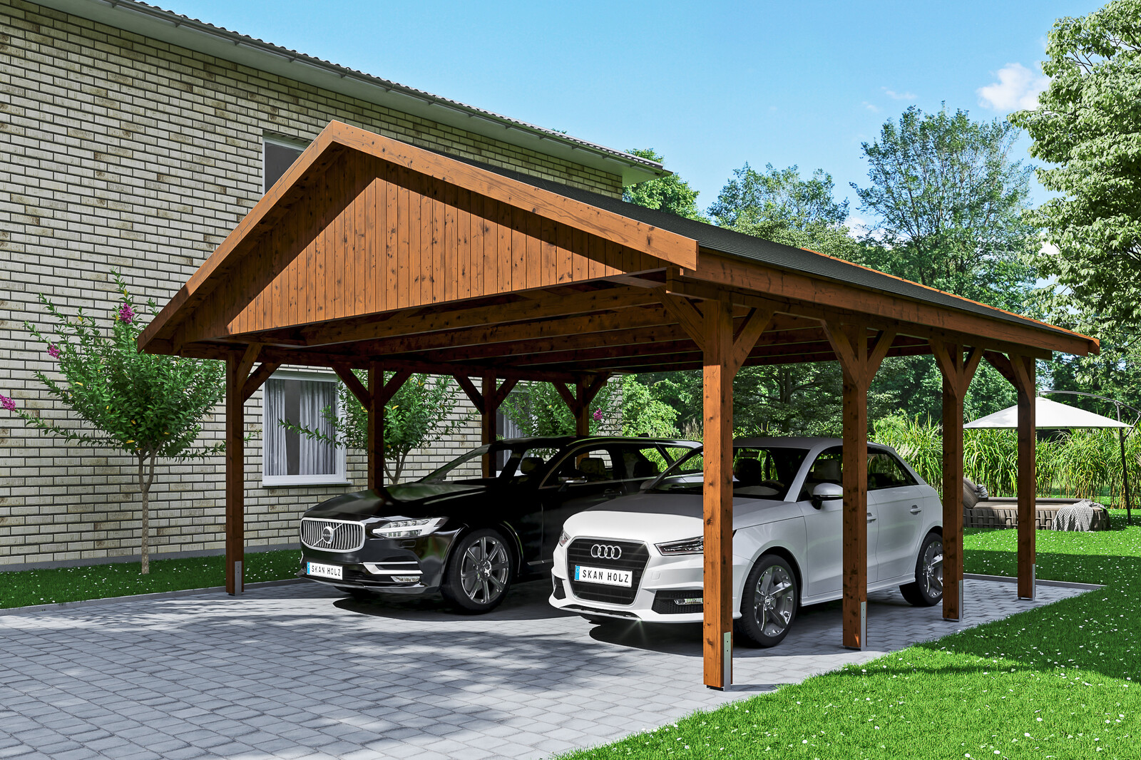 Carport Wallgau 620 x 600 cm, nussbaum, schwarze Schindeln