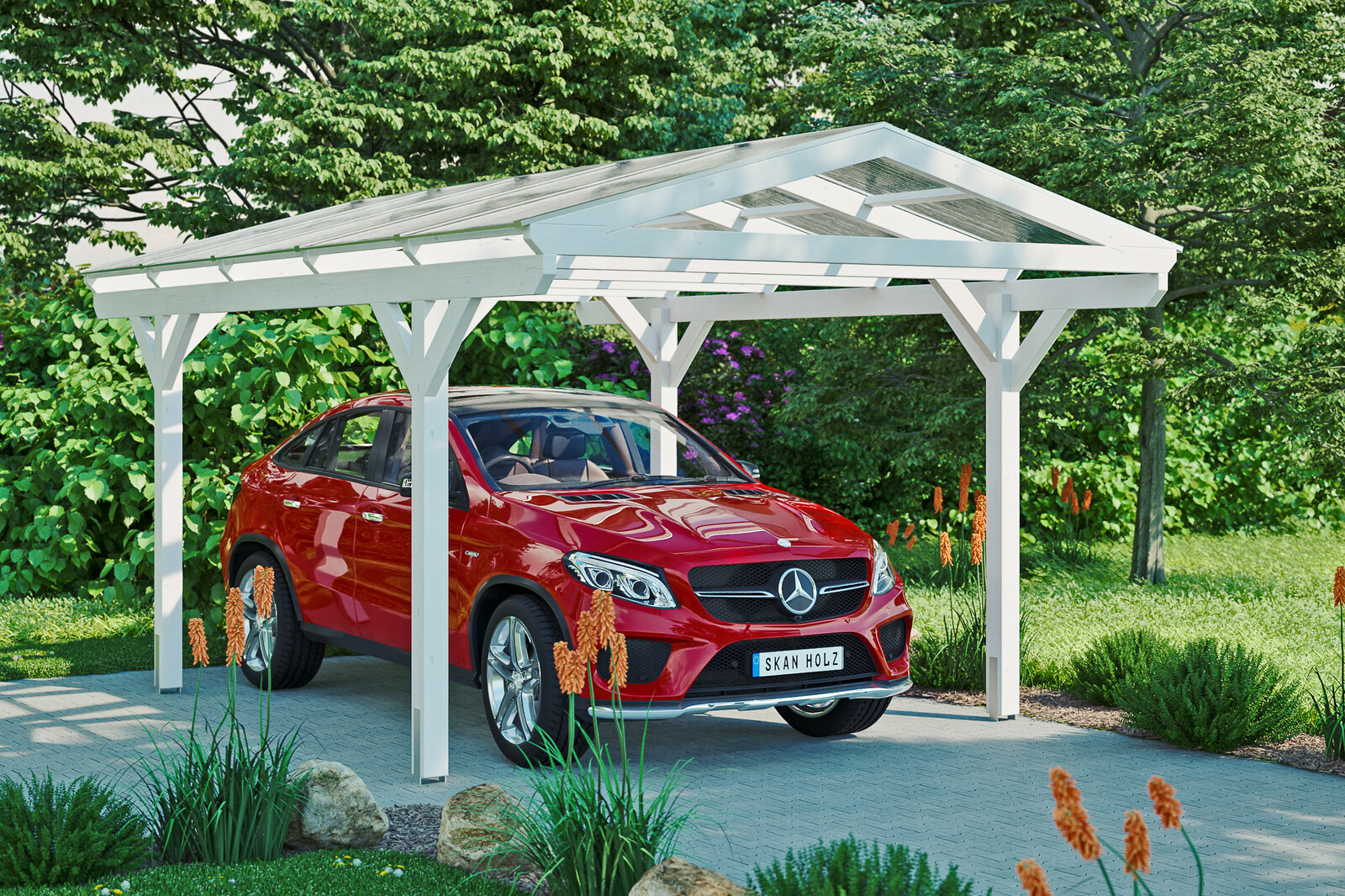 Carport Westerwald 362 x 541 cm, gelakt in wit, met polycarbonaatplaten