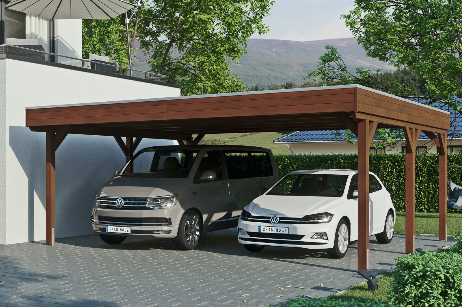 Carport Grunewald 622 x 554 cm mit EPDM-Dach, nussbaum