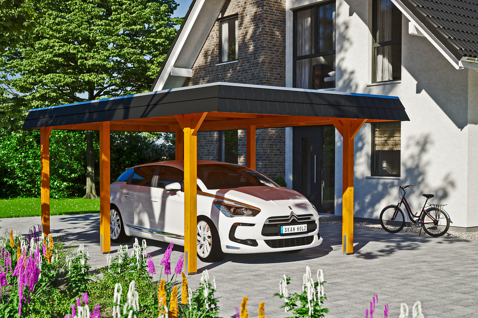 Carport Wendland, zwarte plaat met leisteenuiterlijk 362 x 628 cm, gelakt in licht eiken, met dakbetimmering en EPDM-folie