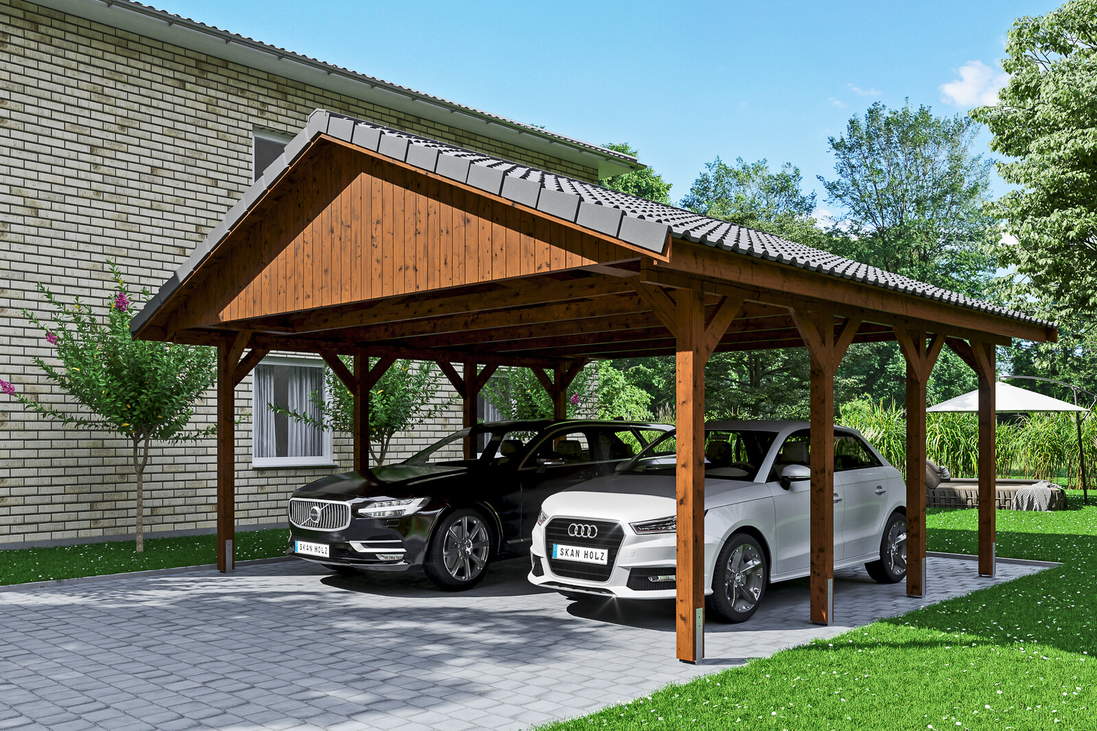 Carport Wallgau 620 x 600 cm, nussbaum, Dachlattung