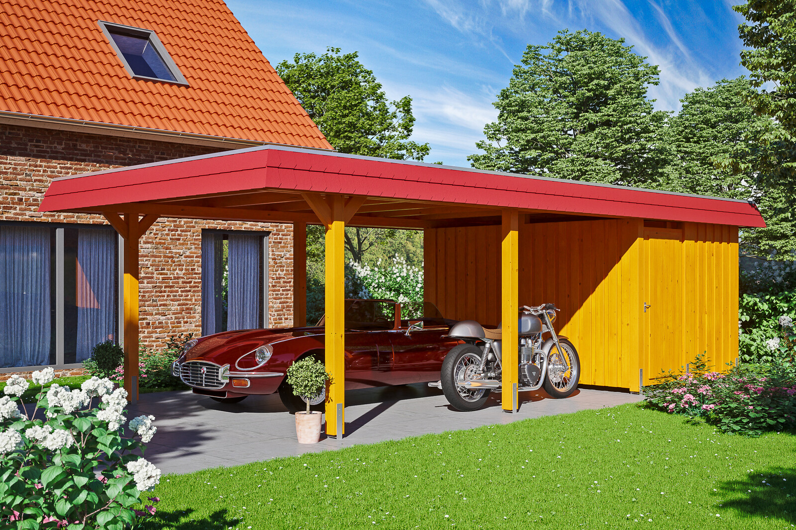 Carport Wendland, rode plaat met leisteenuiterlijk 409 x 870 cm, met bergruimte, gelakt in licht eiken, met dakbetimmering en EPDM-folie