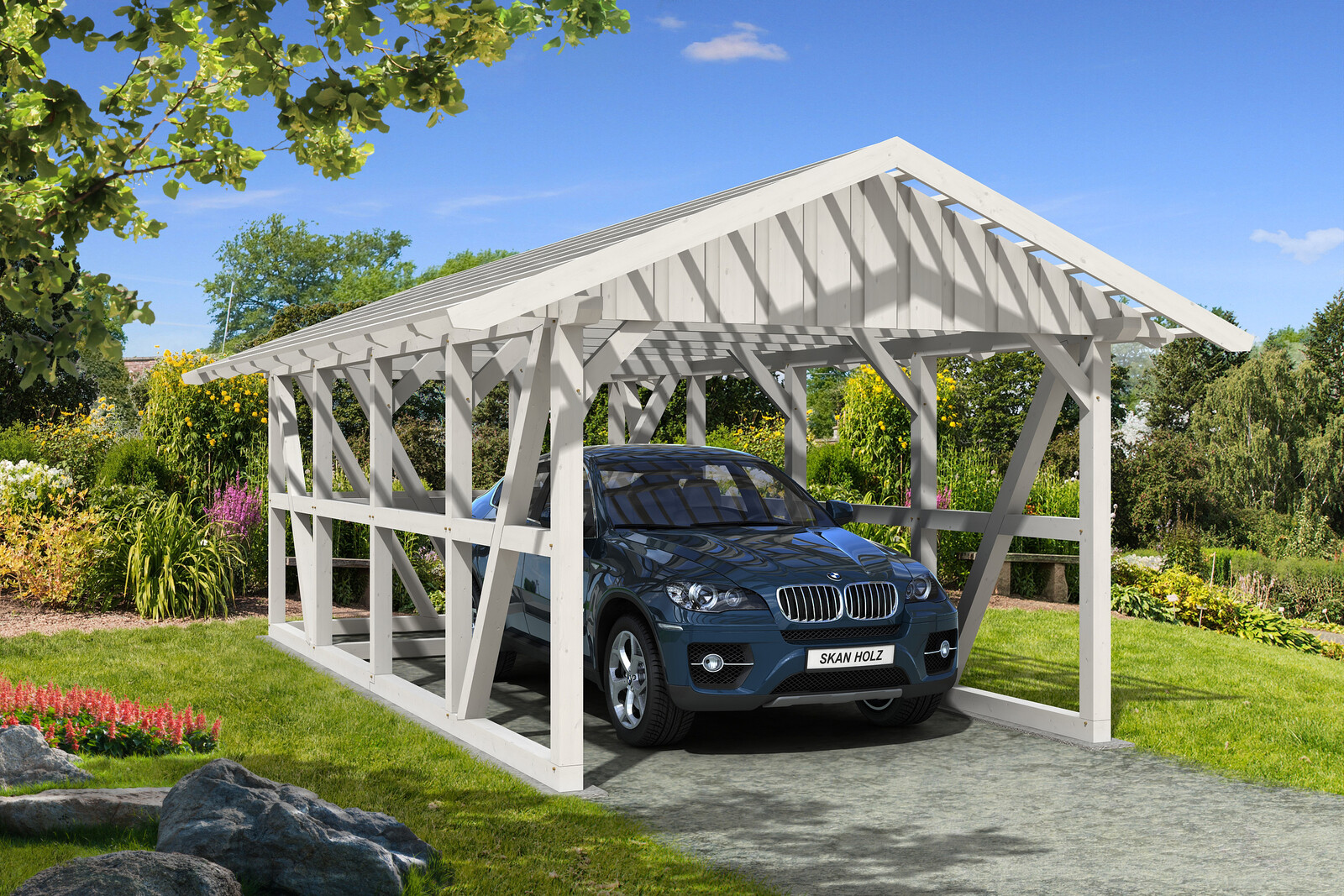 Carport Schwarzwald 424 x 772 cm with storage room, colour pre-treated white
