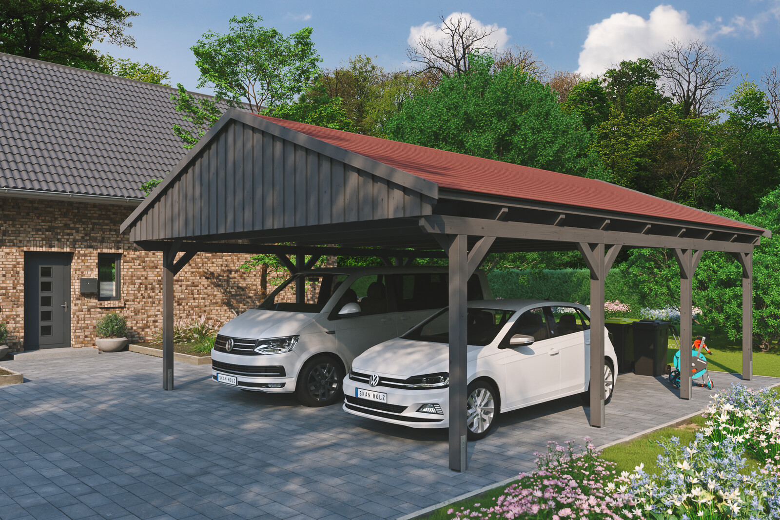 Carport Fichtelberg 618 x 808 cm, rote Schindeln, schiefergrau