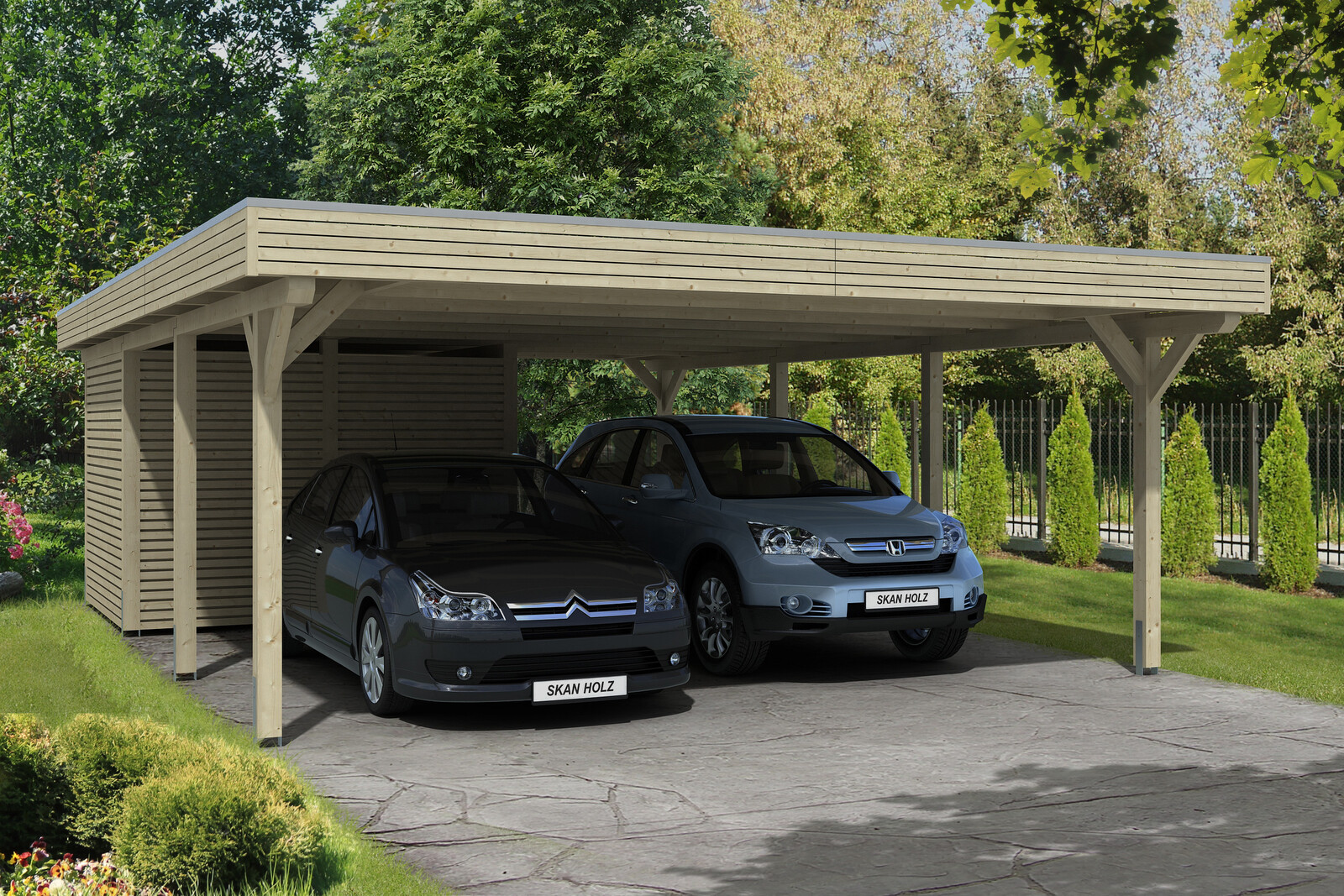 Carport Spessart 611 x 846 cm mit Abstellraum, natur