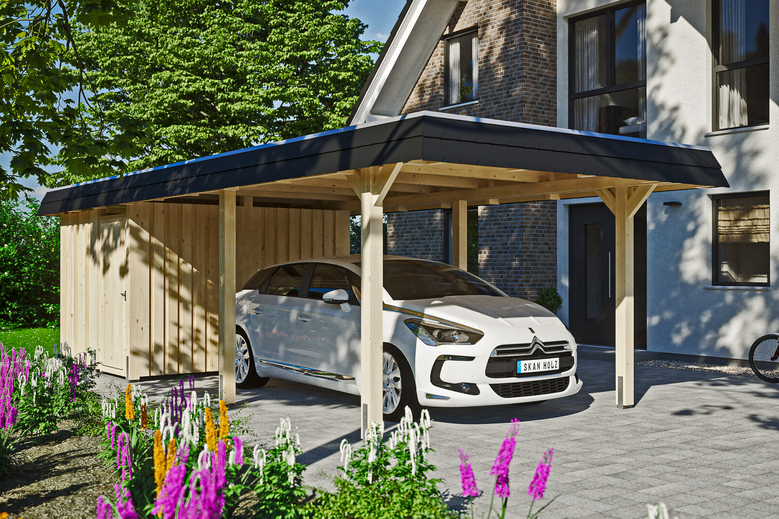 Carport Wendland, zwarte plaat met leisteenuiterlijk 362 x 870 cm, met bergruimte, onbehandeld, met Aluminium dakplaten