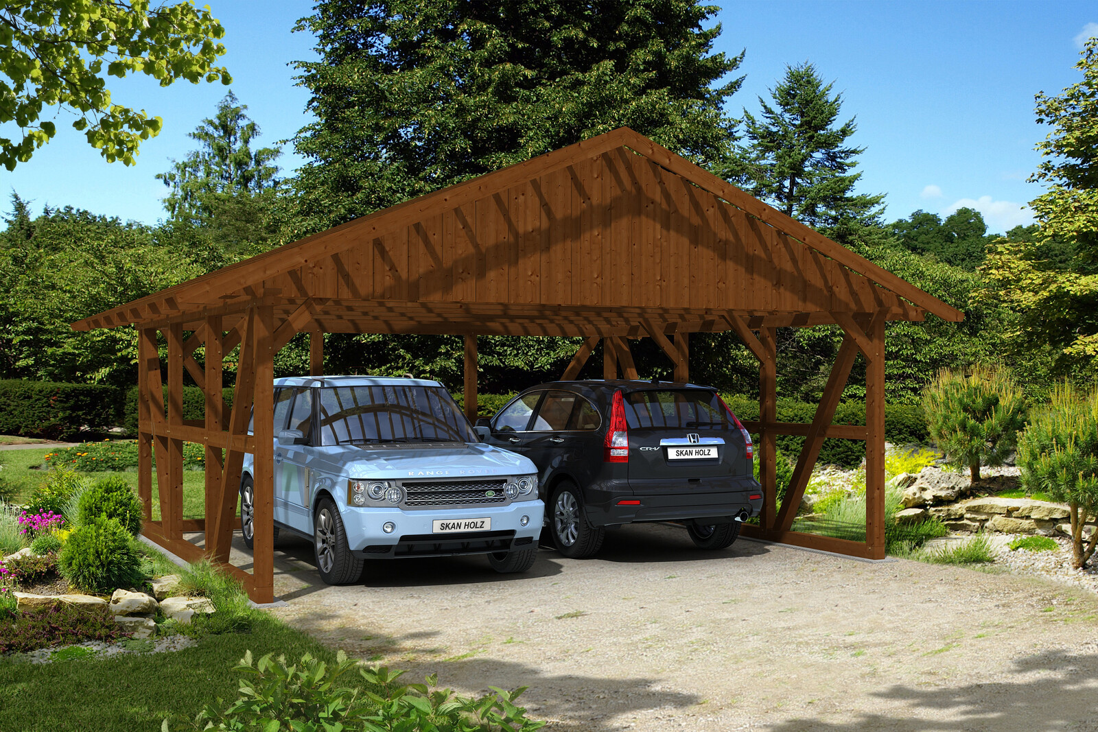 Carport Schwarzwald 684 x 600 cm mit Rückwand, nussbaum, mit Dachlattung