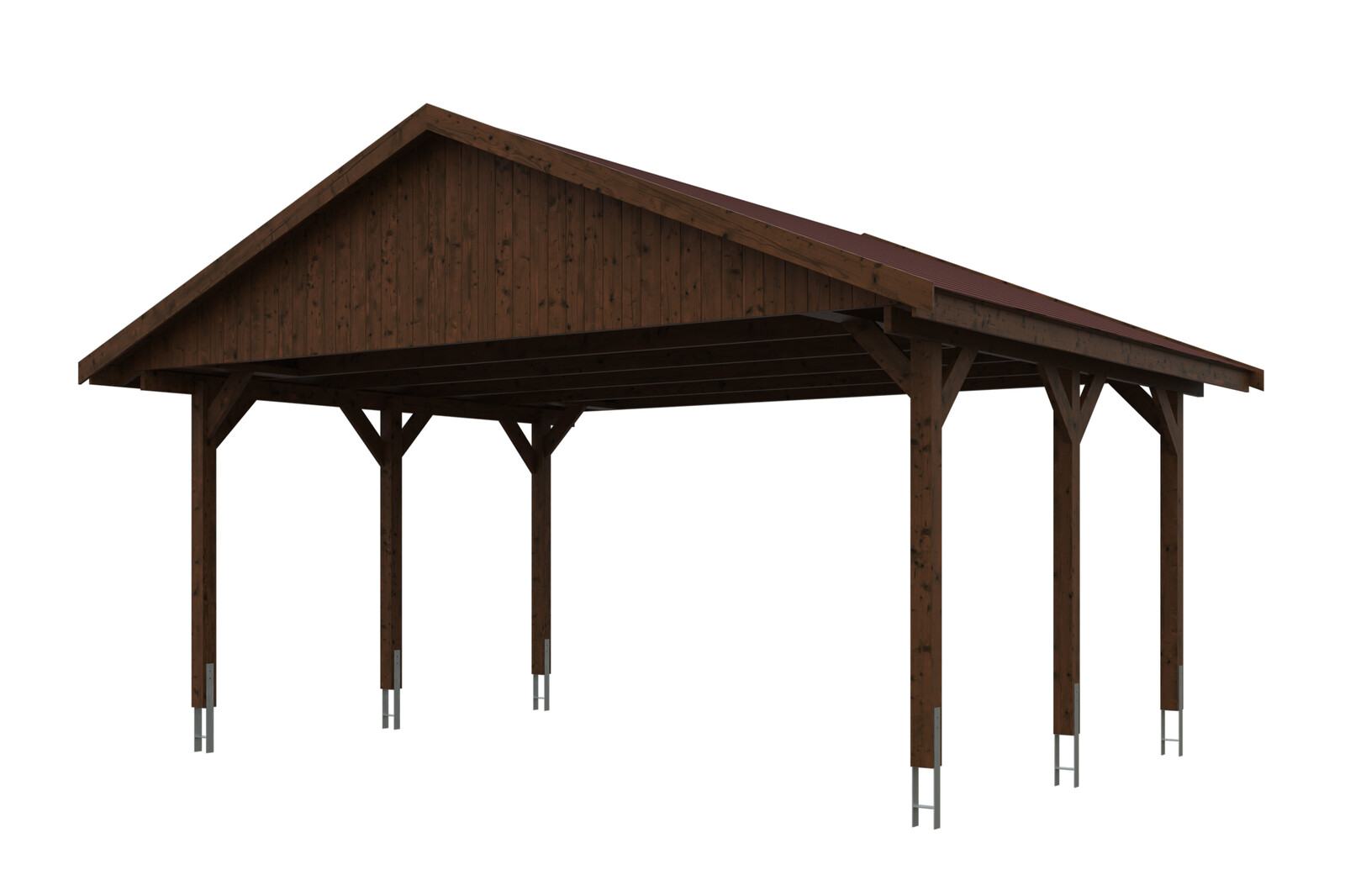 Carport Wallgau 620 x 500 cm, nussbaum, rote Schindeln