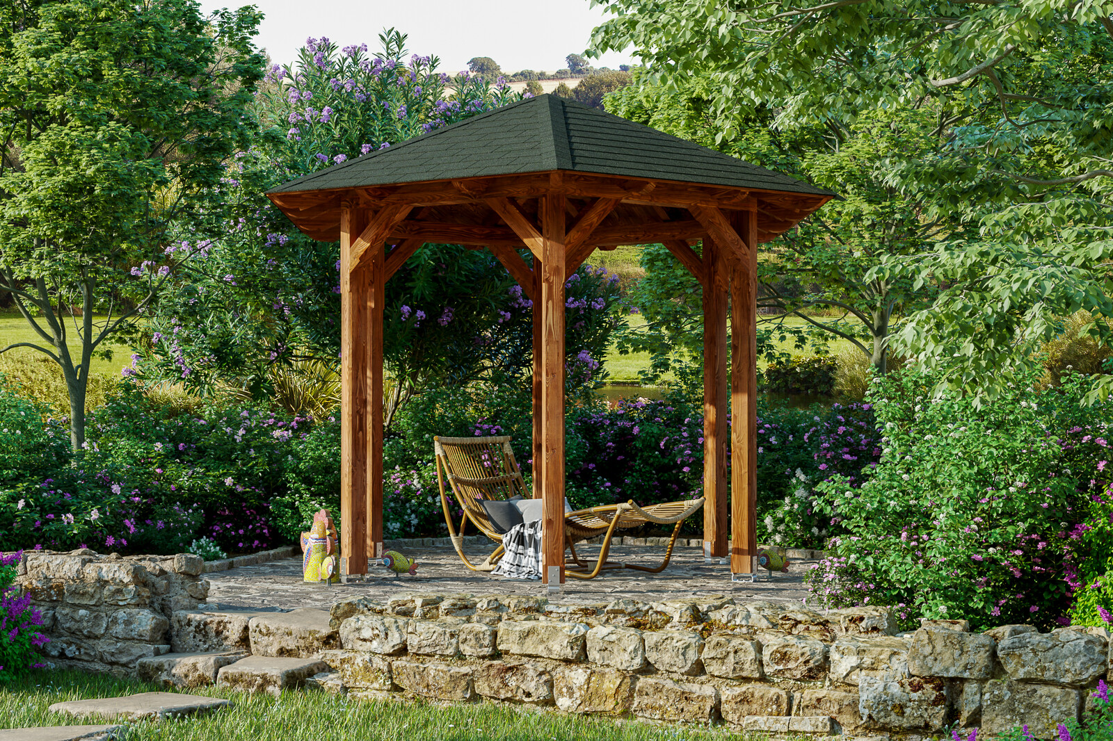 6hranný altán COLMAR 1, Ø 360 cm, barevně ošetřeno v barvě ořechu