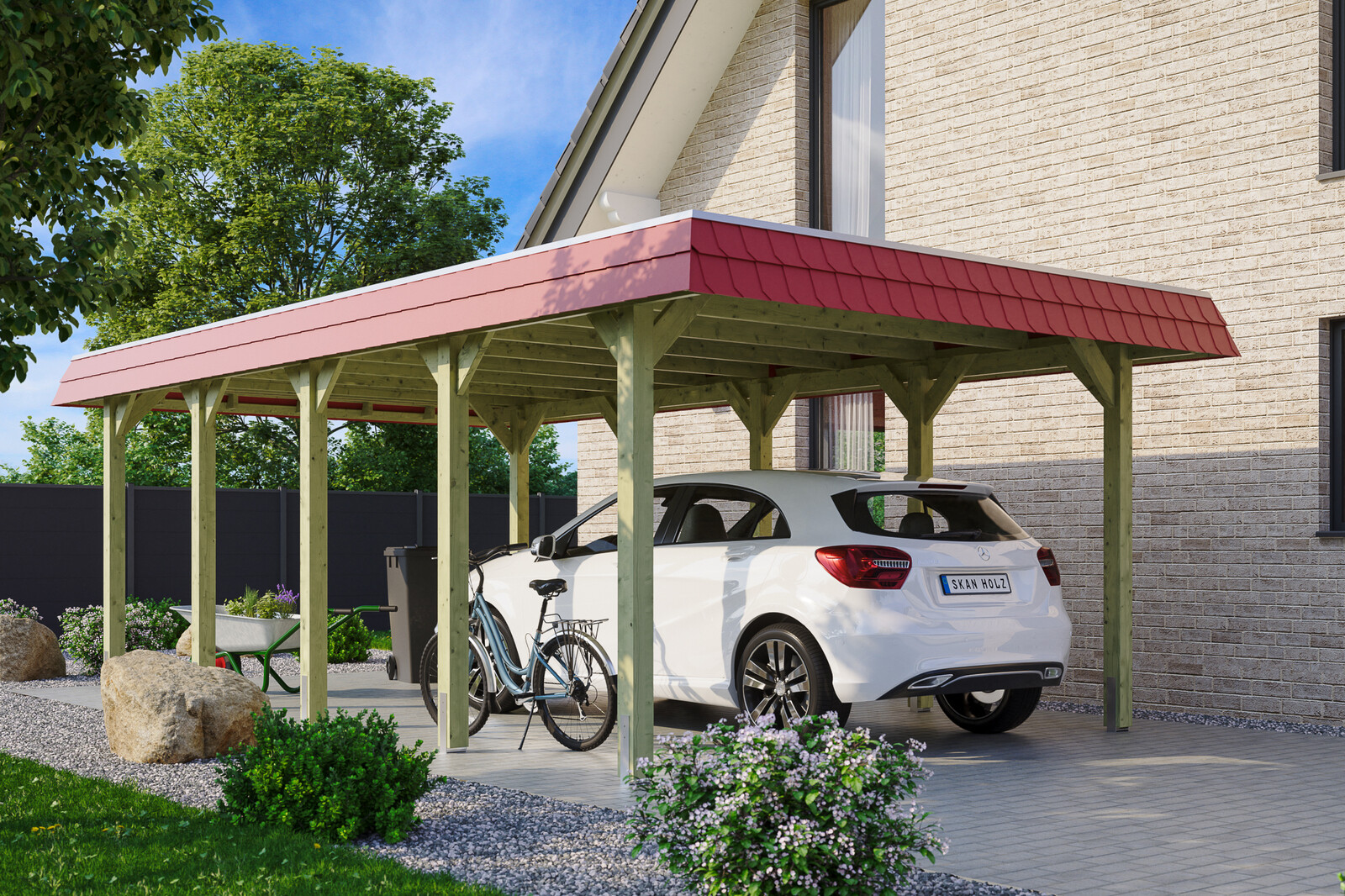 Carport Spreewald 396 x 741 cm mit Aluminiumdach, rote Blende