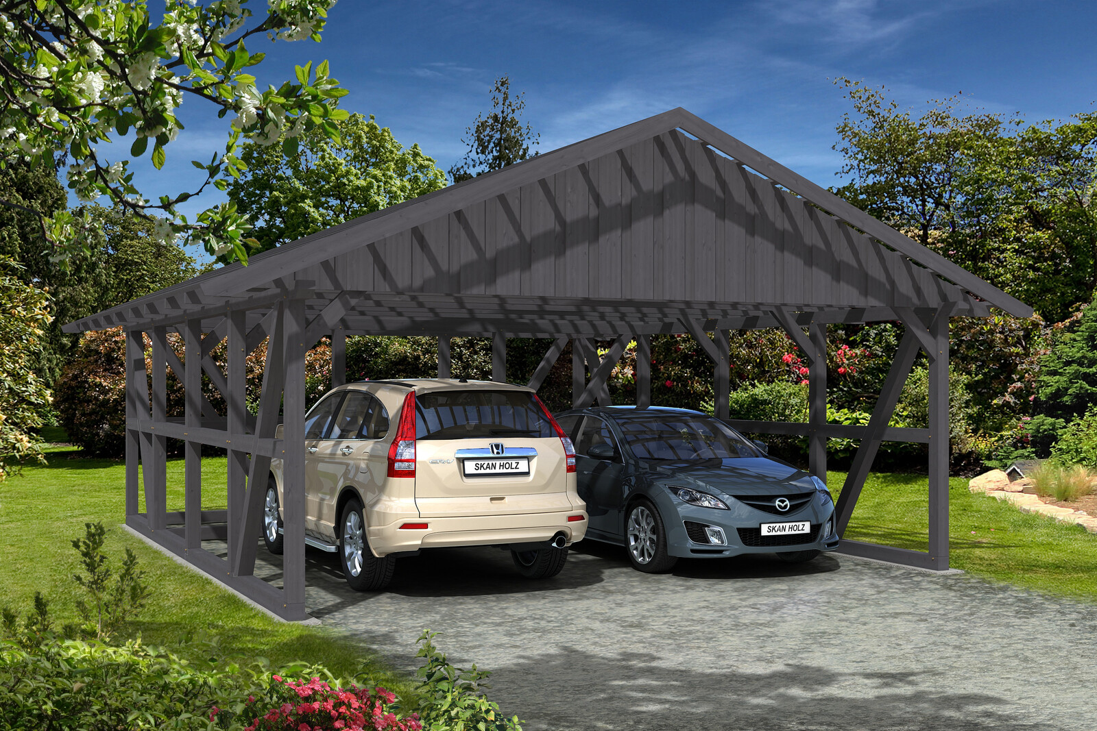 Carport Schwarzwald 684 x 772 cm, met bergruimte 560cm, met daklatten, gelakt in leigrijs