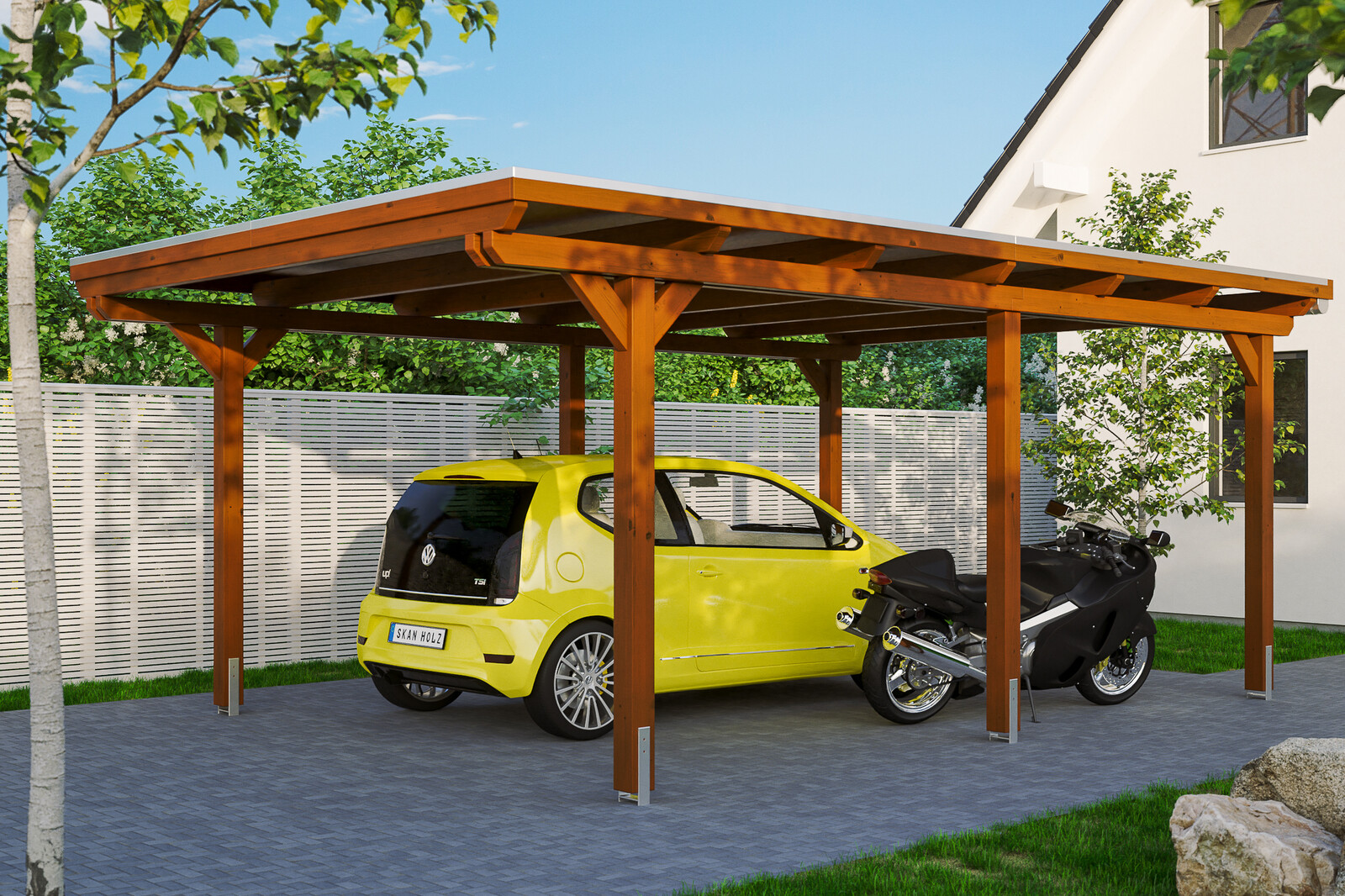 Carport Emsland 404 x 604 cm mit EPDM-Dach, nussbaum