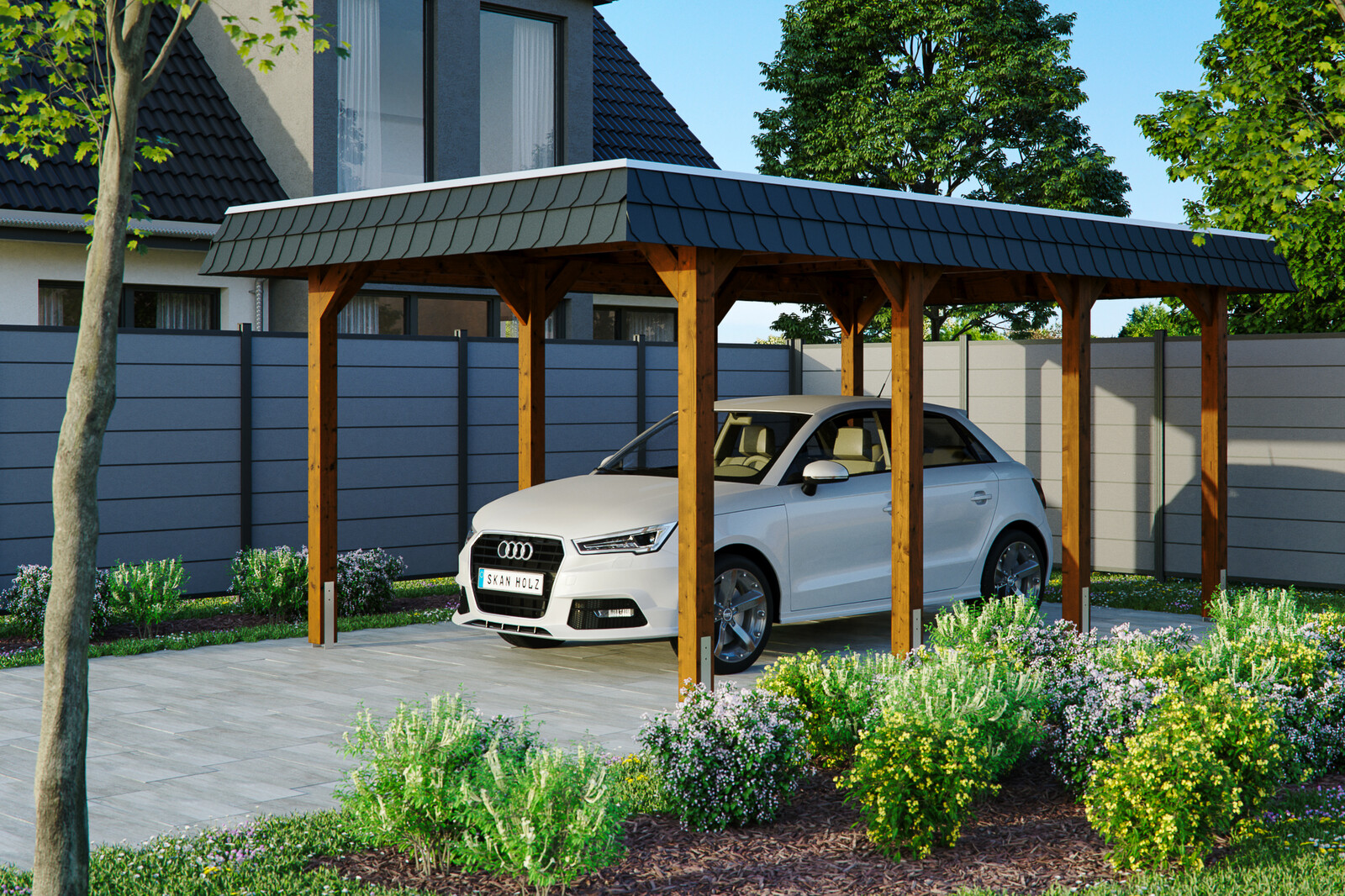 Carport Spreewald 345 x 589 cm mit EPDM-Dach, schwarze Blende, nussbaum