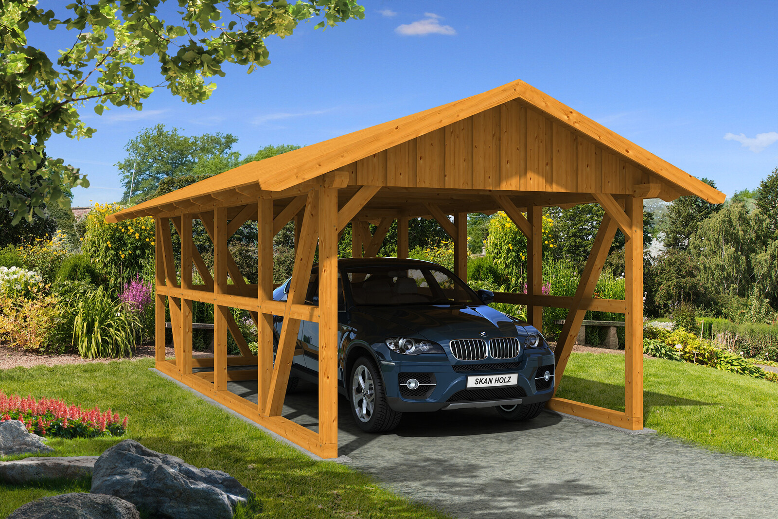 Carport Schwarzwald 424 x 772 cm, met bergruimte, met dakbetimmering, gelakt in licht eiken