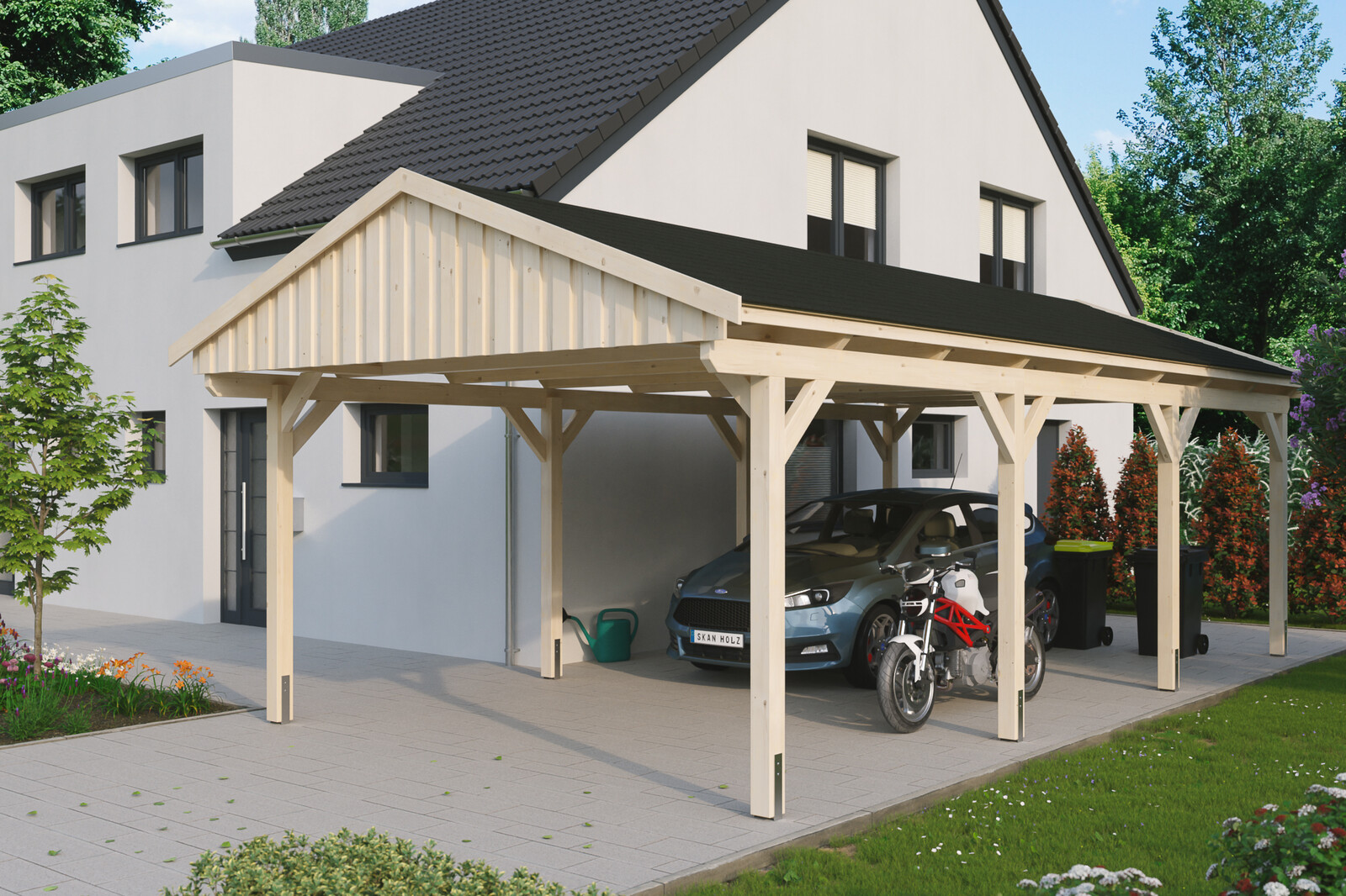 Carport Fichtelberg 423 x 808 cm, schwarze Schindeln, natur