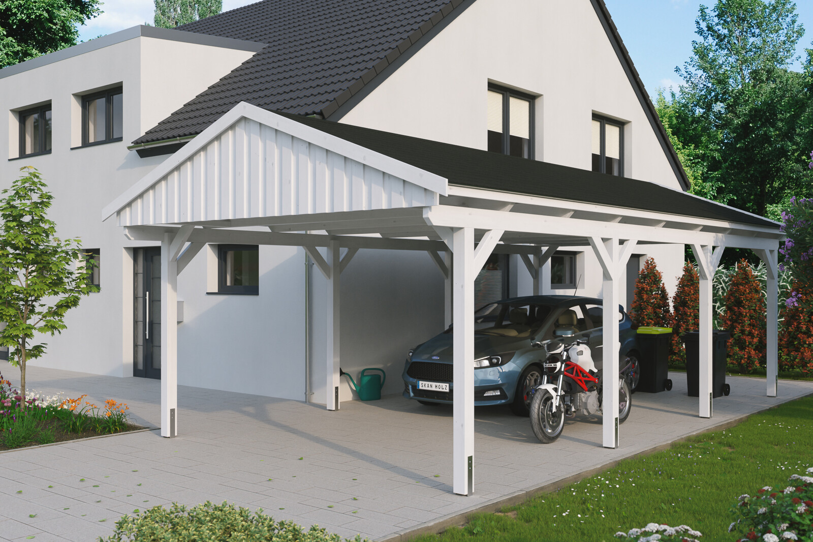 Carport Fichtelberg 423 x 808 cm, schwarze Schindeln, weiß