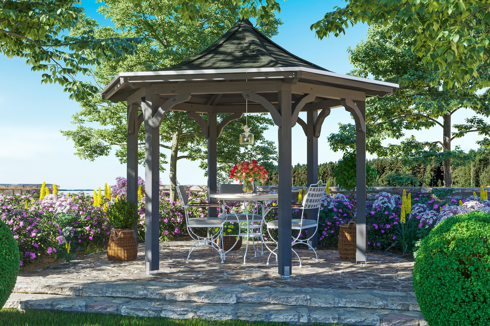 6hranný altán VERSAILLES, Ø 418 cm, barevně ošetřeno v břidlicově šedé