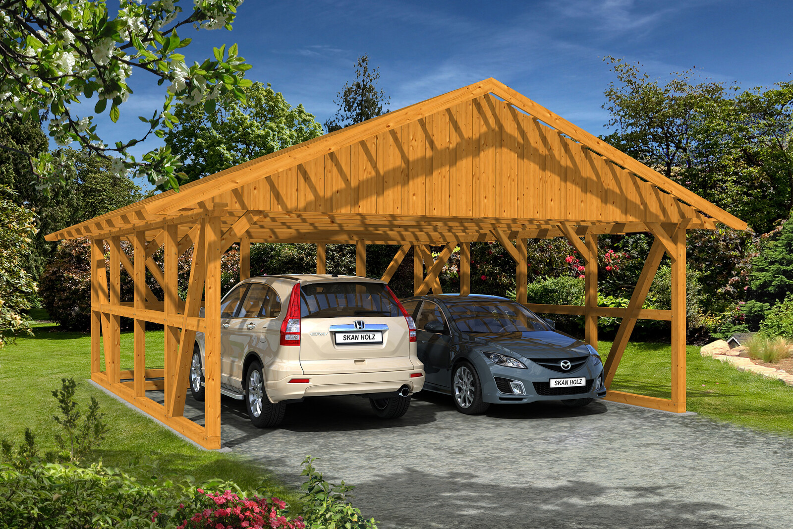 Carport Schwarzwald 684 x 772 cm mit Abstellraum 3, eiche hell, mit Dachlattung