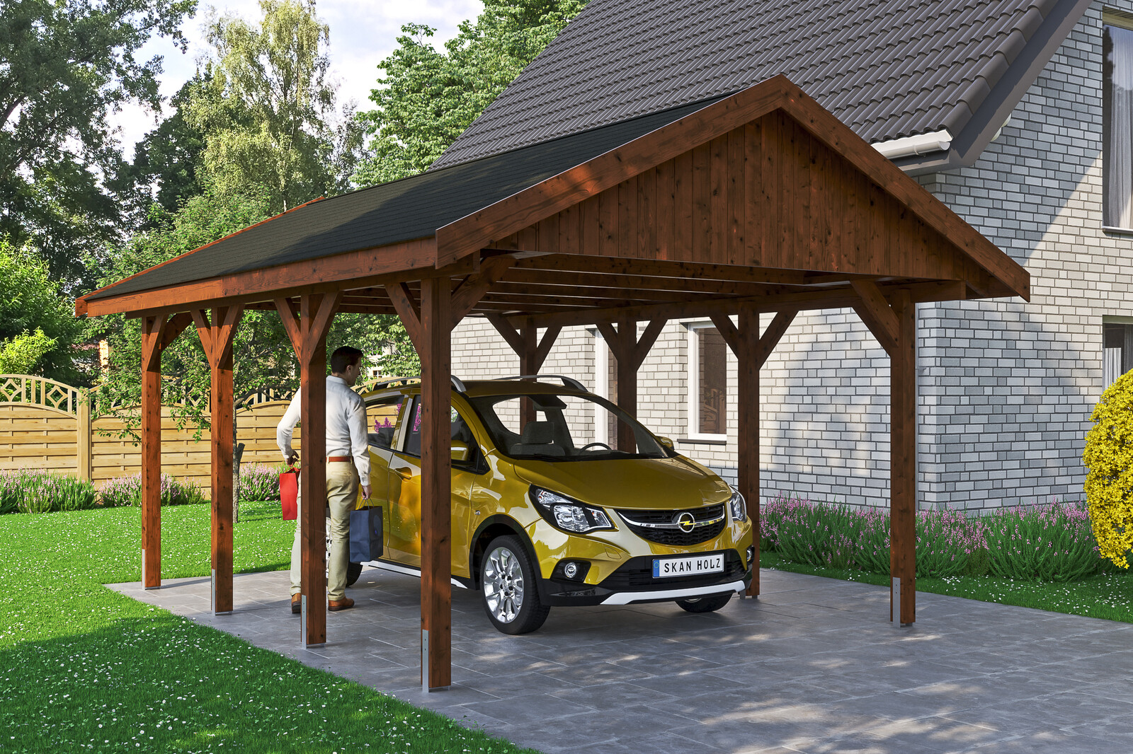 Přístřešek na auto WALLGAU 430 x 600 cm, ořech, černá šindele