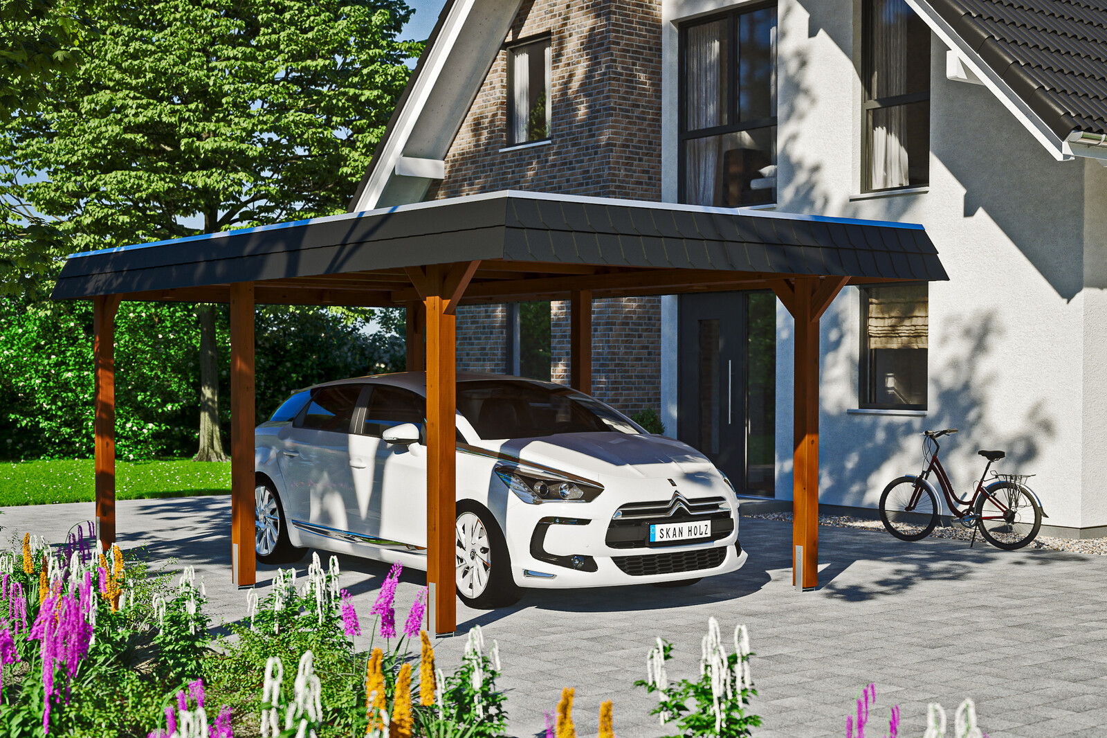 Carport Wendland, zwarte plaat met leisteenuiterlijk 362 x 628 cm, gelakt in noten, met dakbetimmering en EPDM-folie