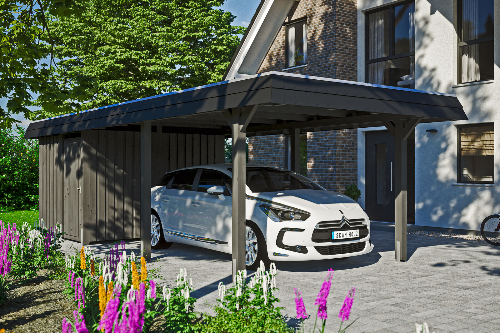 Carport Wendland, zwarte plaat met leisteenuiterlijk 362 x 870 cm, met bergruimte, gelakt in leigrijs, met dakbetimmering en EPDM-folie