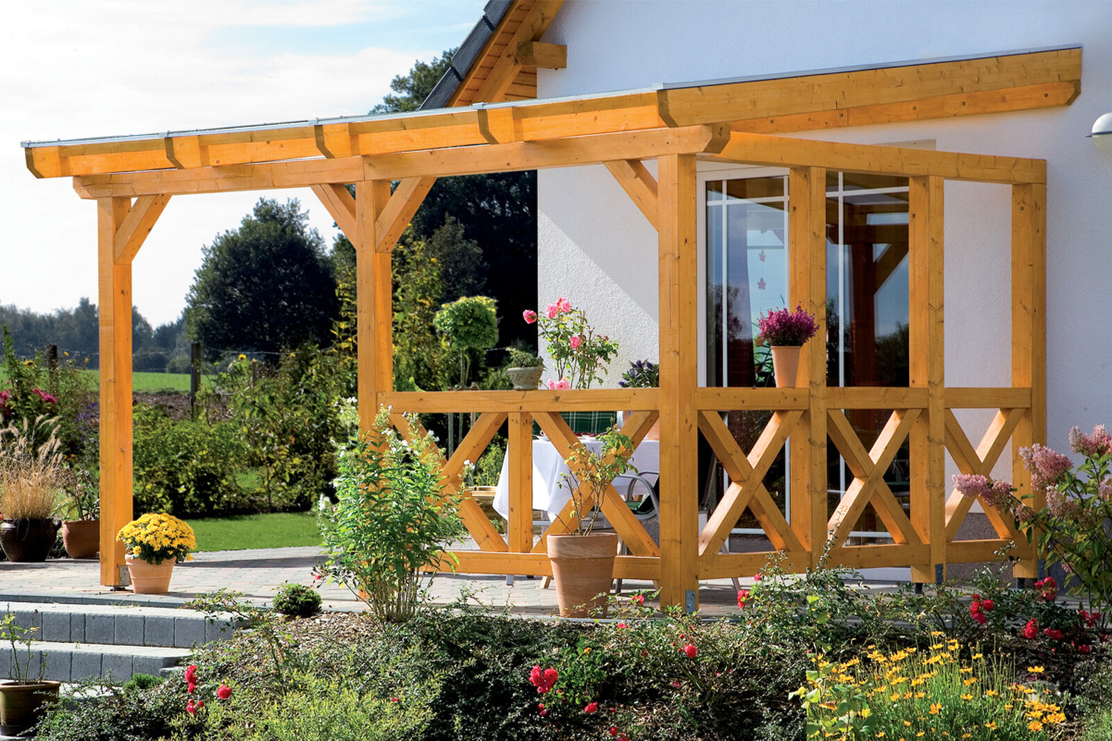 Seitenwand Andreaskreuz (WA) 355 x 210 cm, Fichte, eiche hell