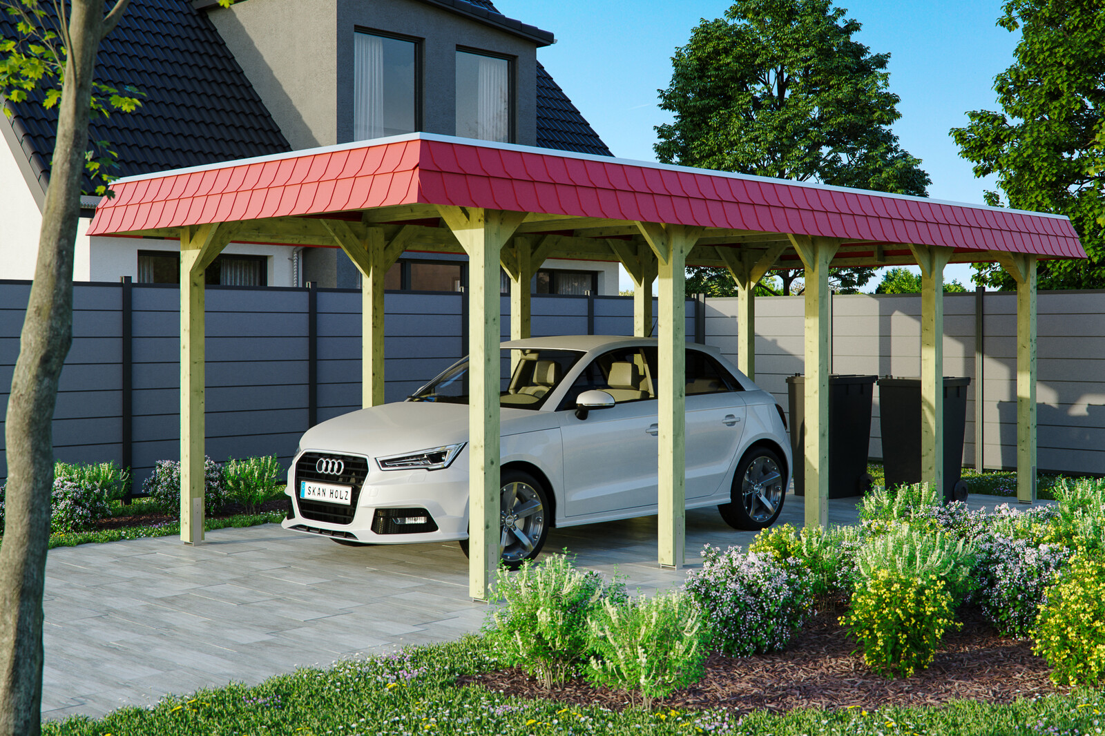 Carport Spreewald, rode plaat met leisteenuiterlijk 345 x 741 cm, groen geïmpregneerd, met dakbetimmering en EPDM-folie