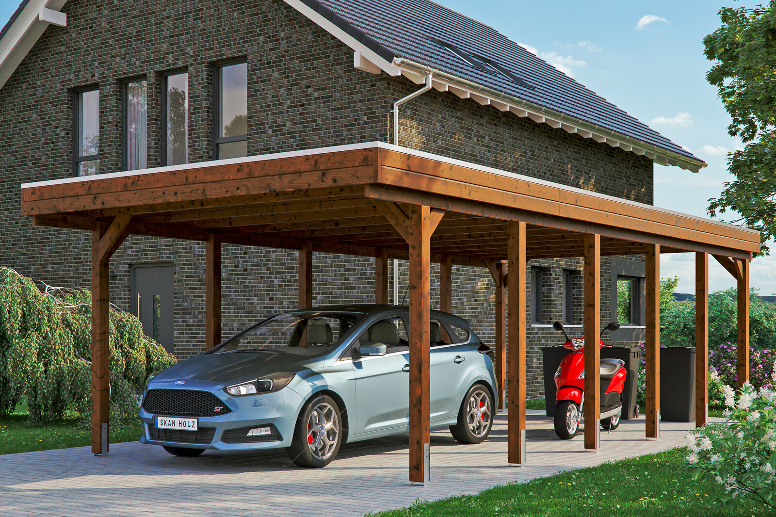 Carport Friesland 397 x 860 cm mit EPDM-Dach, nussbaum